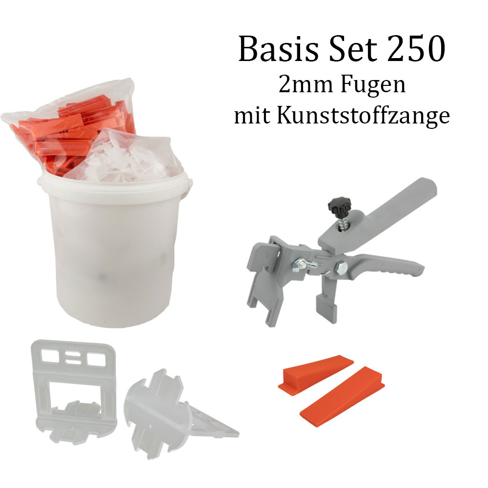 Fliesen Nivelliersystem 2 mm Basis-Set 250 Laschen u. 250 Keile + Kunststoffzange Fliesen Nivelliersystem 2 mm Basis-Set 250 Laschen u. 250 Keile + Kunststoffzange
