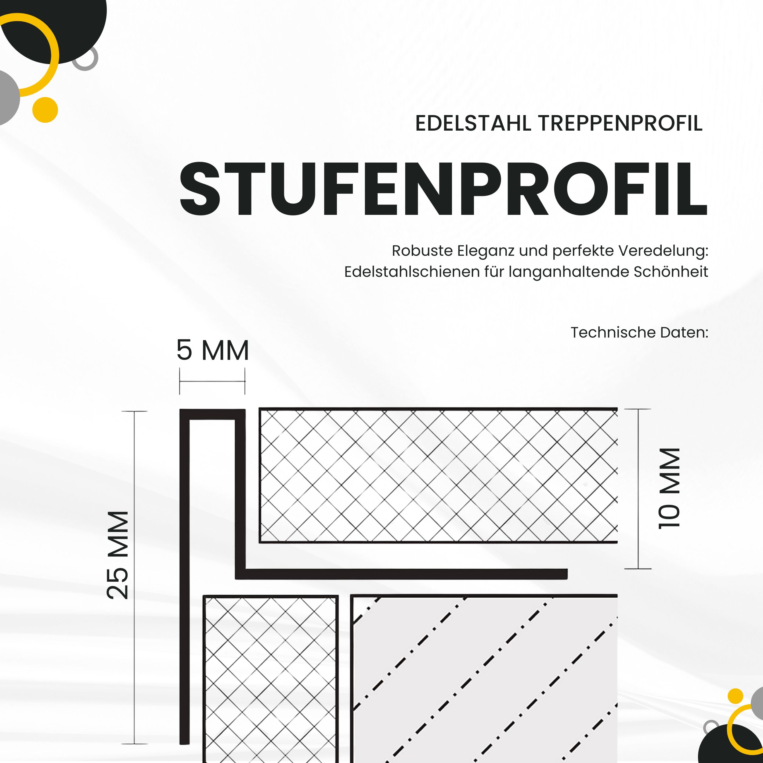 Edelstahl Stufenprofil Treppenprofil Fliesenleiste Treppen V2A L2,5m H10mm gebürstet