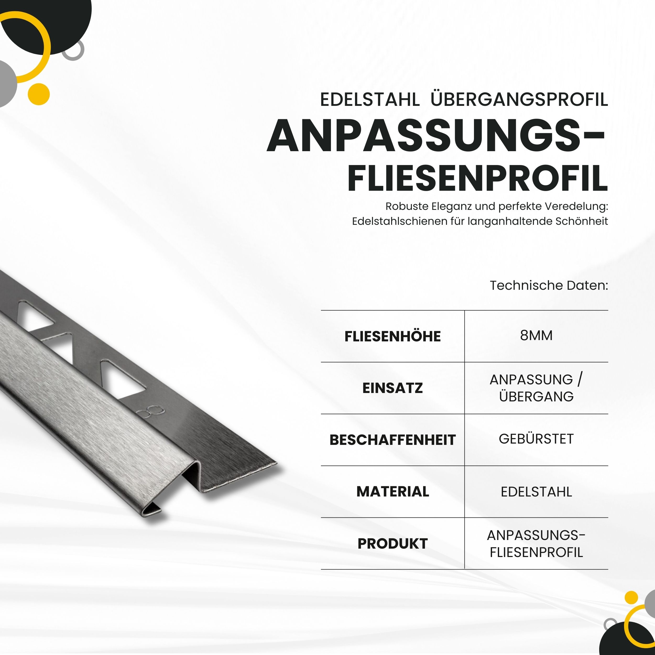 Anpassungsprofil Edelstahl Übergang Fliesenleiste Profil V2A L2,5m 8mm gebürstet