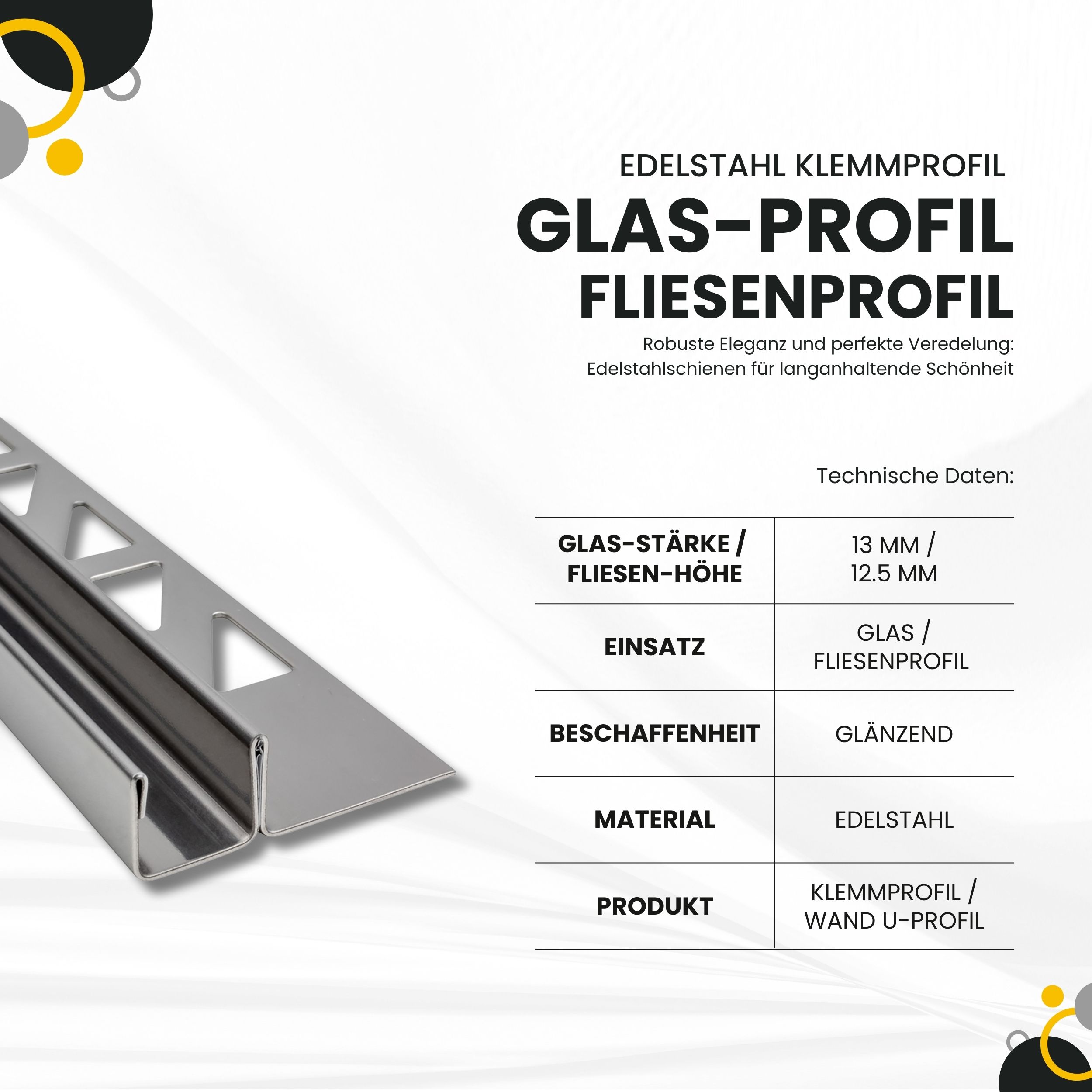 Glas-Fliesenprofil Edelstahl Klemmprofil Wandprofil V2A 2m H12.5mm 13mm-Glas glänzend
