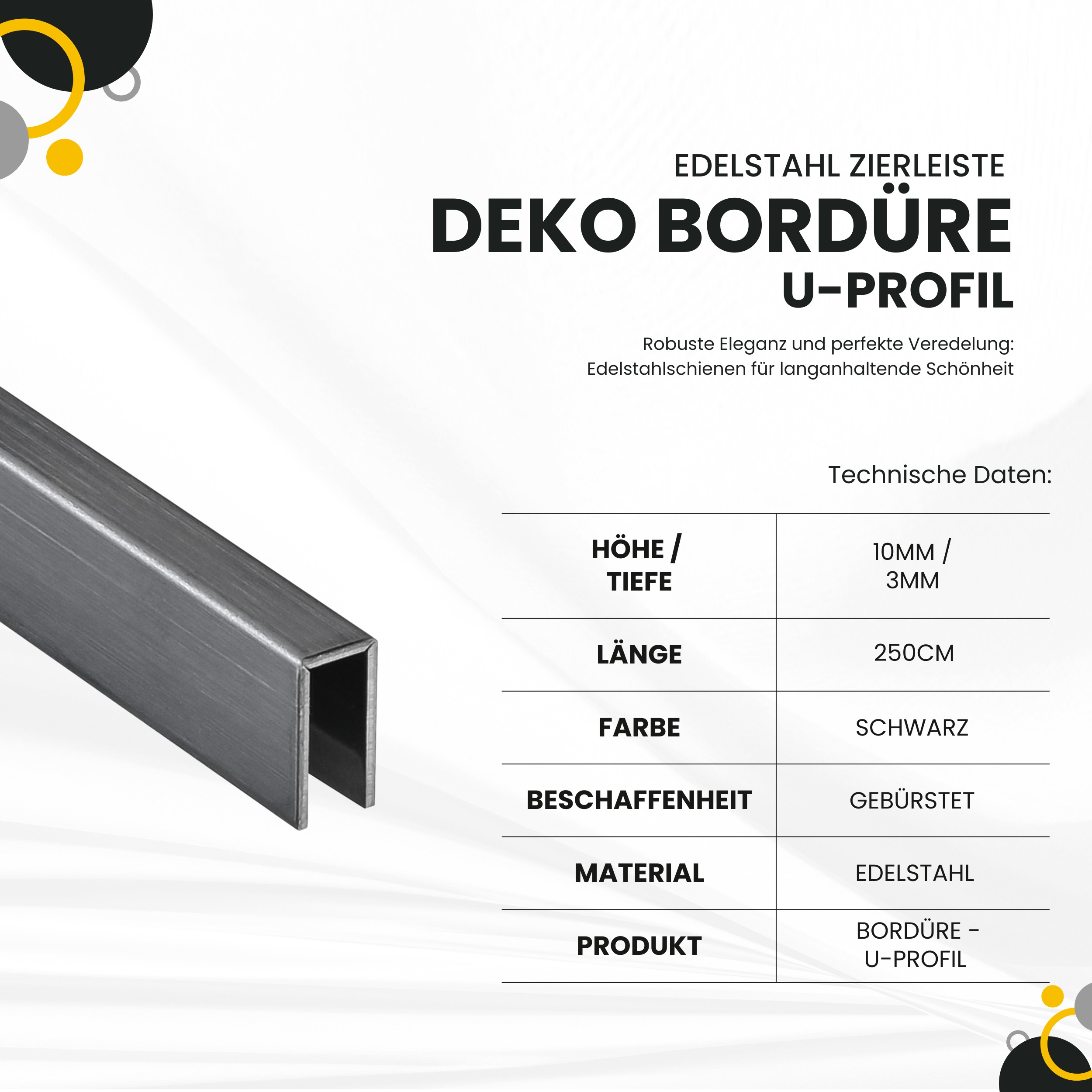 Deko Bordüre U-Profil Zierleiste Fliesenschiene Edelstahl V2A L250cm 3mm schwarz gebürstet