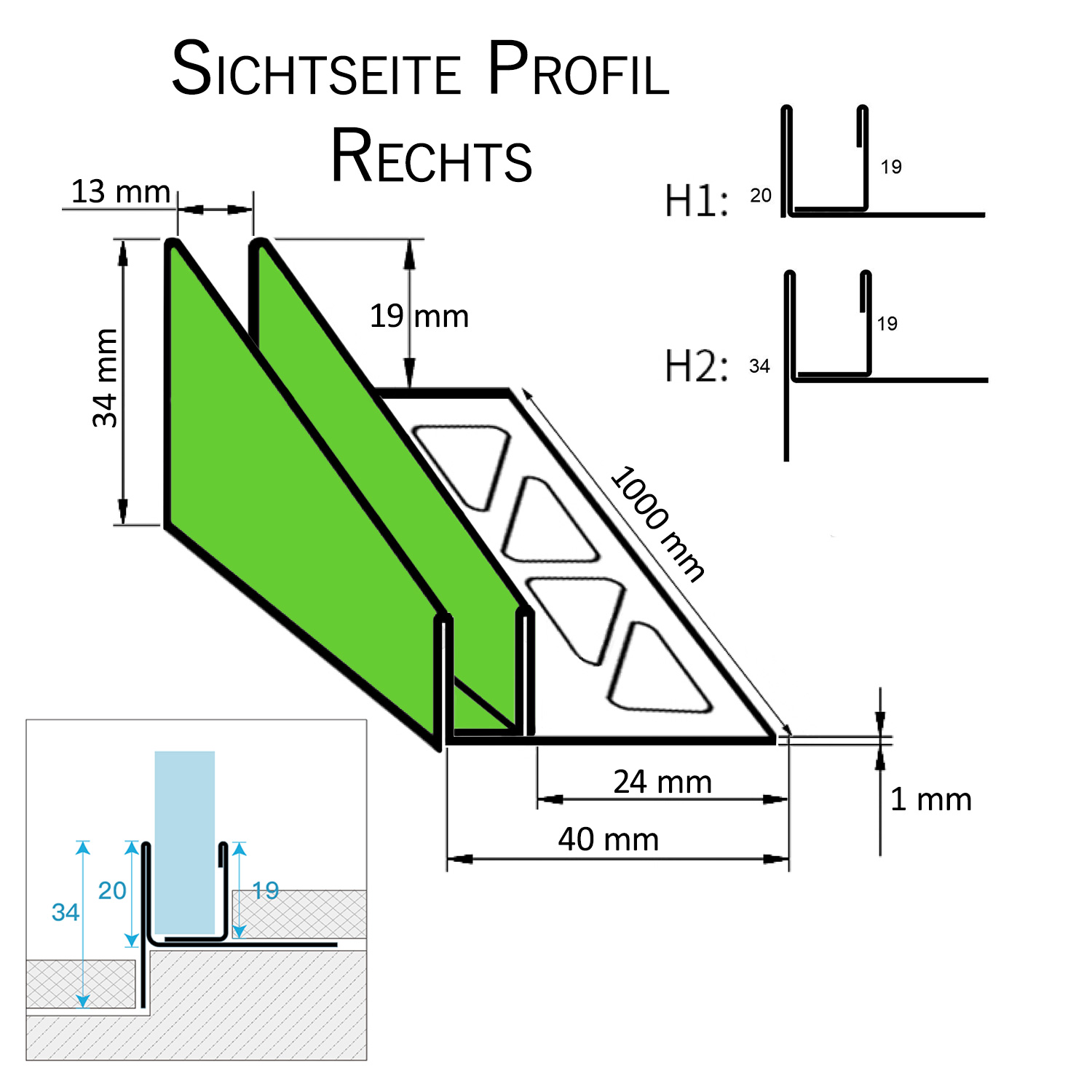 Glashalter- Duschprofil, Keil- Gefälle-Profil begehbare Dusche H19 G13 Rechts 100cm glänzend