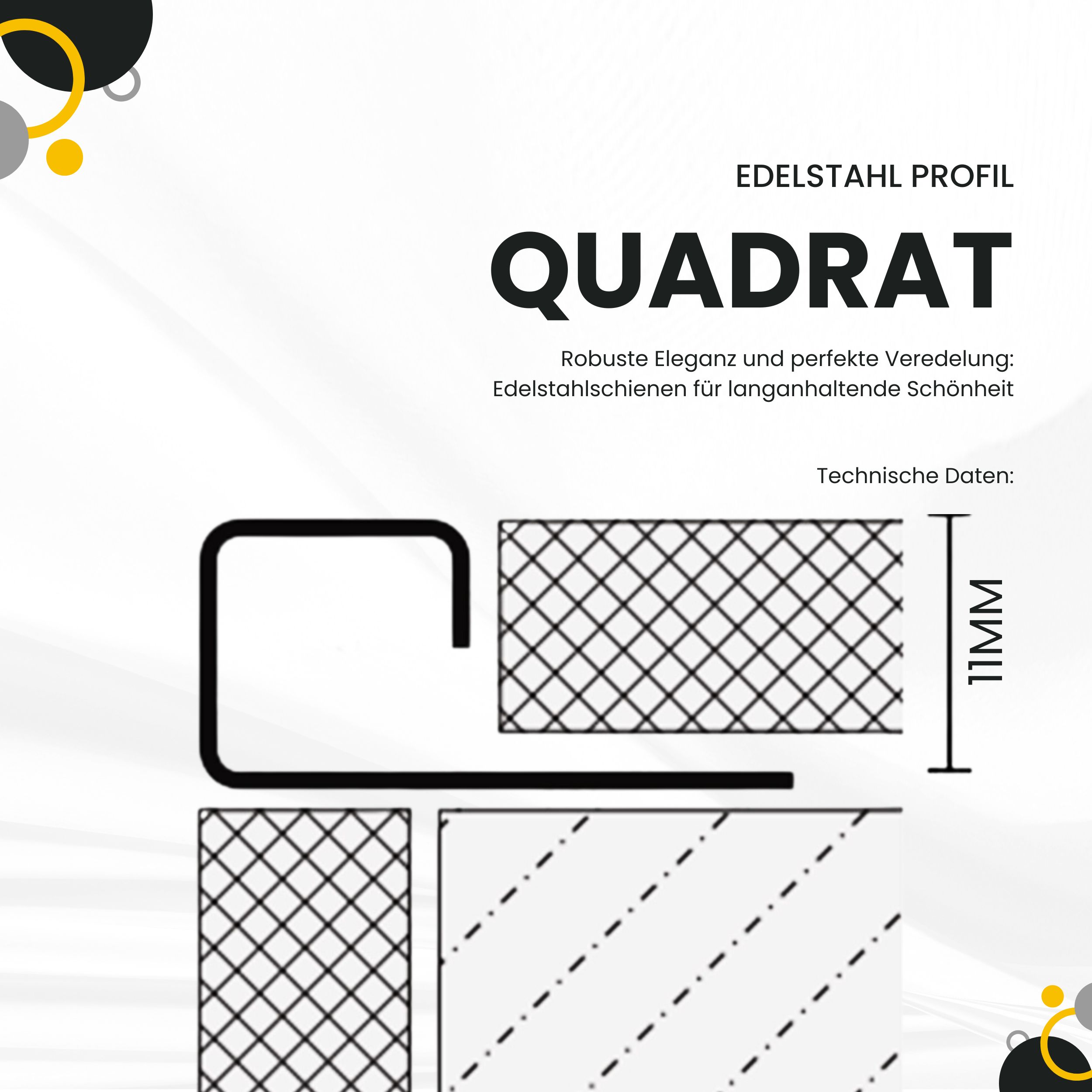 Quadrat Edelstahlschiene Profil Fliesenschiene Edelstahl V2A L300cm 11mm glänzend Quadrat Ausseneck Edelstahl V2A 11mm glänzend
