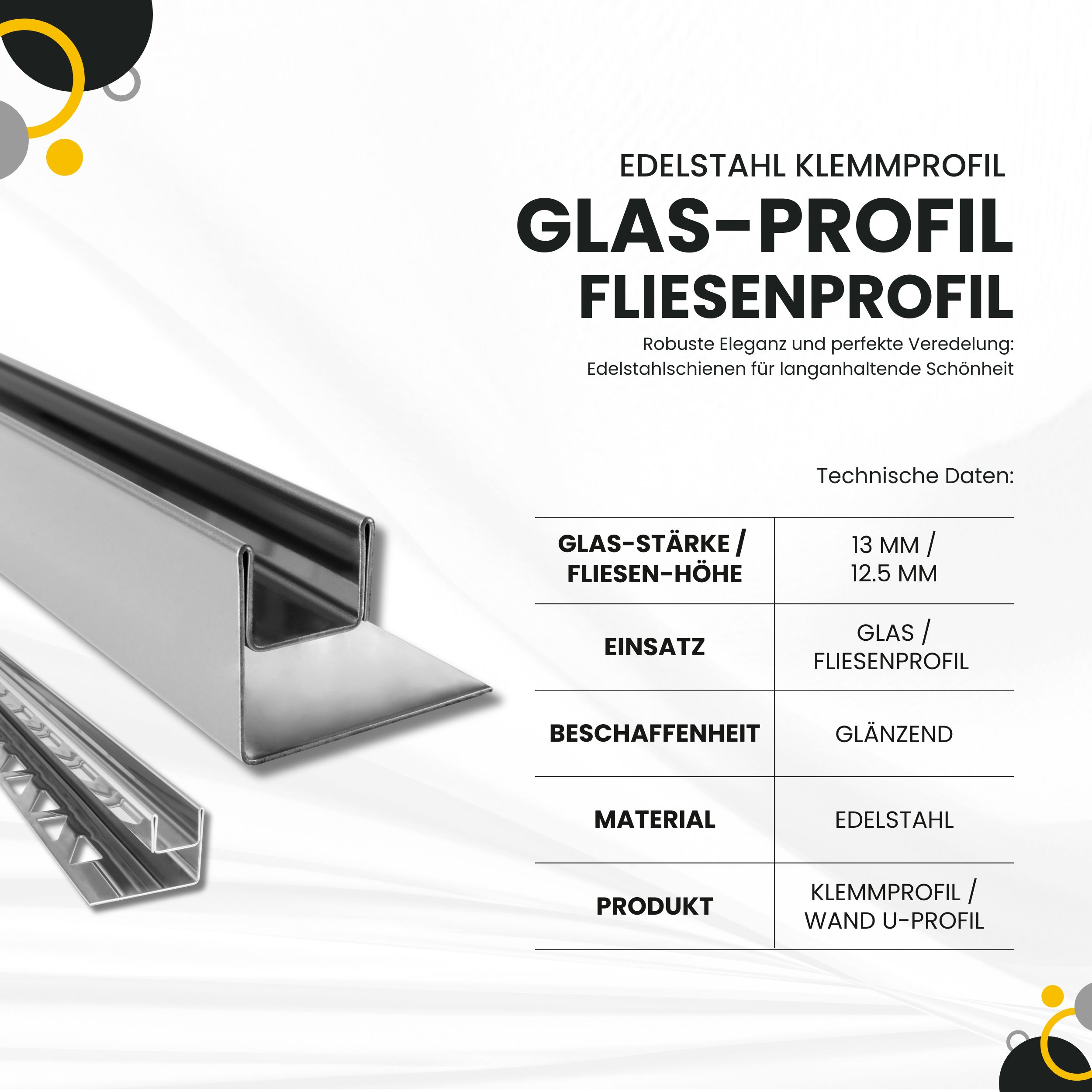 Glas-Fliesenprofil Edelstahl Klemmprofil Wandprofil V2A 2,5m H26,5mm 13mm Glas glänzend