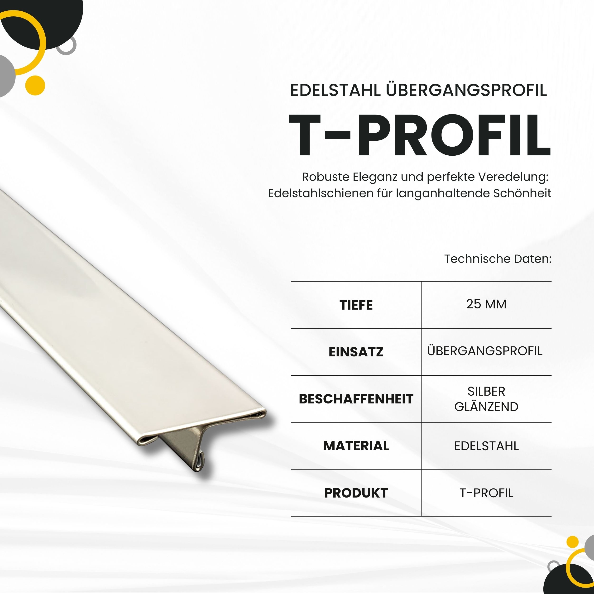 T-Profil Edelstahl Schiene Übergangsprofil V2A L250cm 25mm glänzend