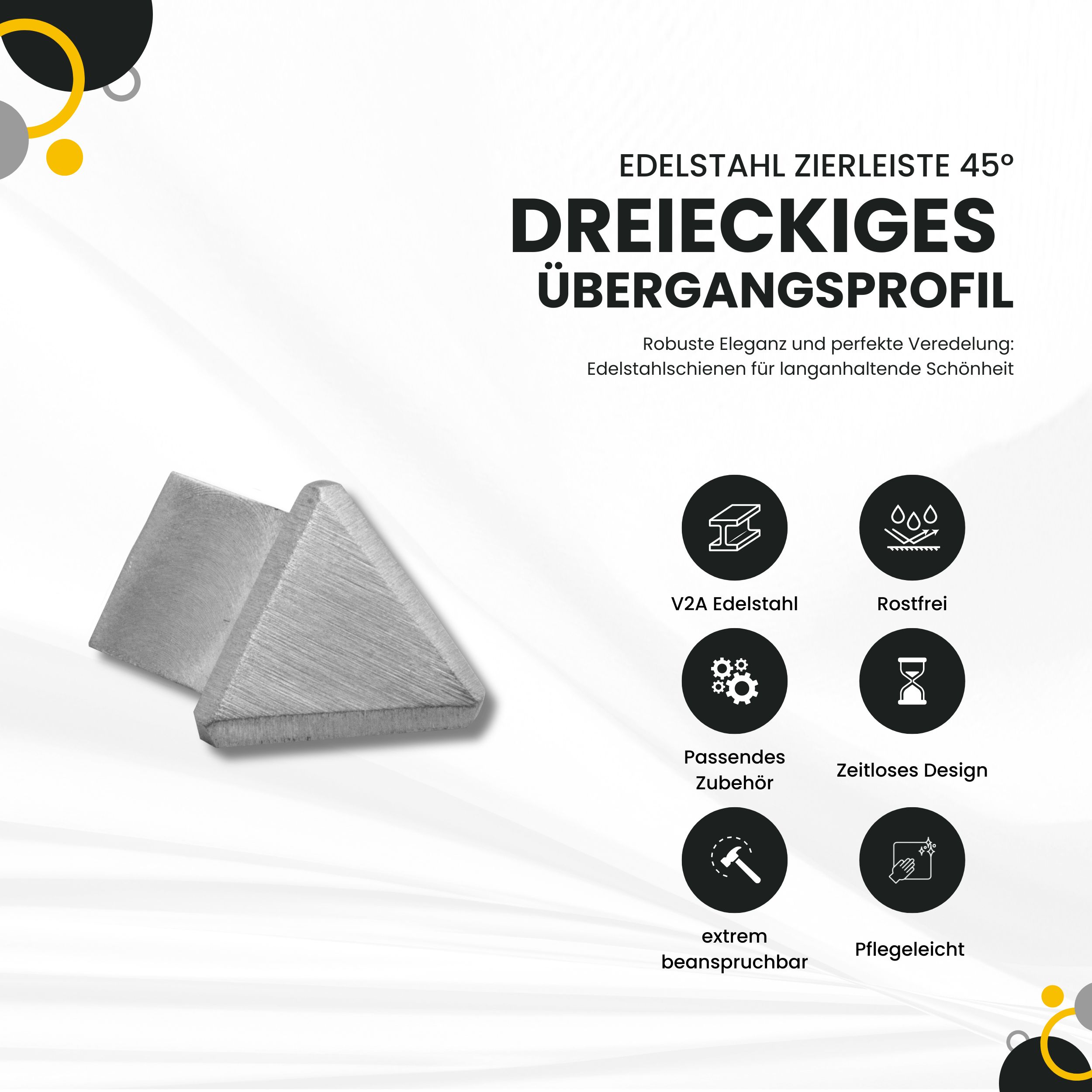 Dreieckiges 45° Übergangsprofil Edelstahl Fliesenprofil V2A L250cm H10mm Aussenck