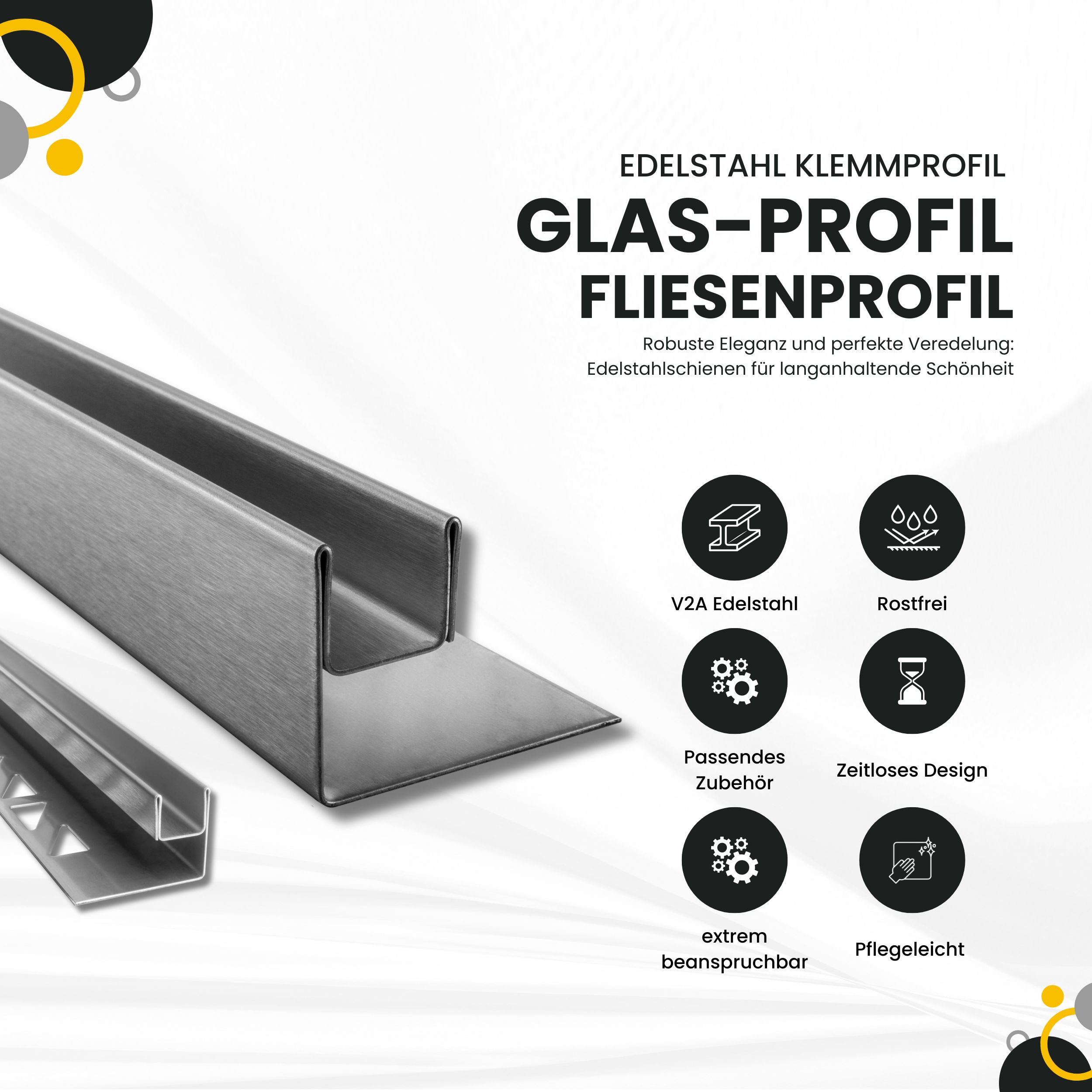 Glas-Fliesenprofil Edelstahl Klemmprofil Wandprofil V2A 2,5m H26,5mm 13mm Glas gebürstet