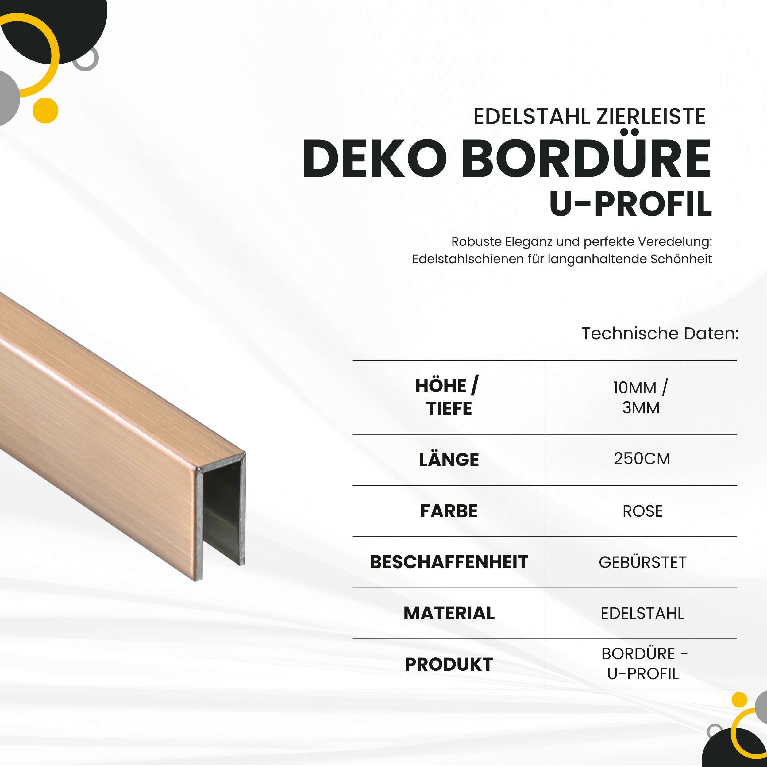 Deko Bordüre U-Profil Zierleiste Fliesenschiene Edelstahl V2A L250cm 3mm rose gebürstet Deko Bordüre U-Profil Zierleiste Fliesenschiene Edelstahl V2A L250cm 3mm rose gebürstet