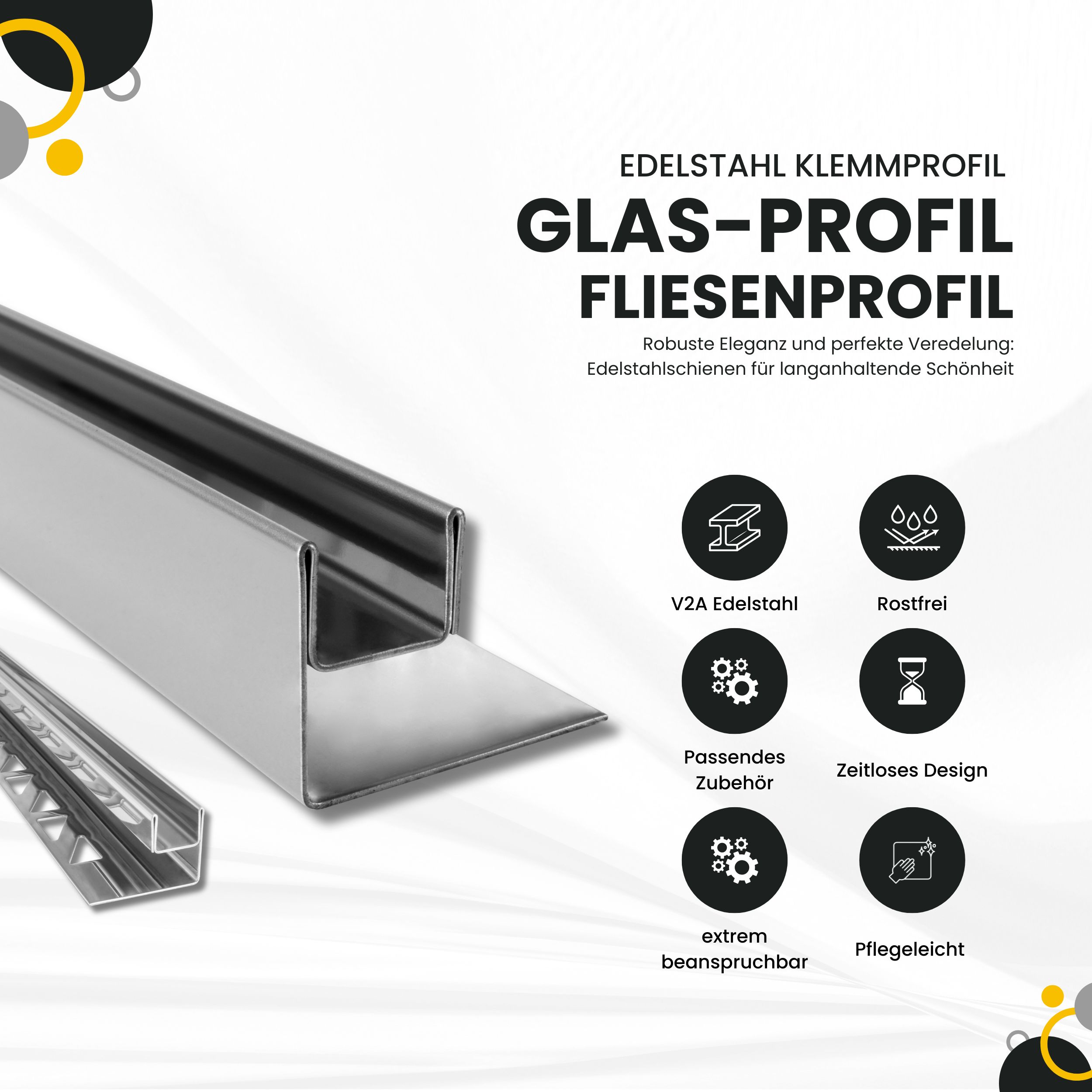 Glas-Fliesenprofil Edelstahl Klemmprofil Wandprofil V2A 2,5m H26,5mm 13mm Glas glänzend