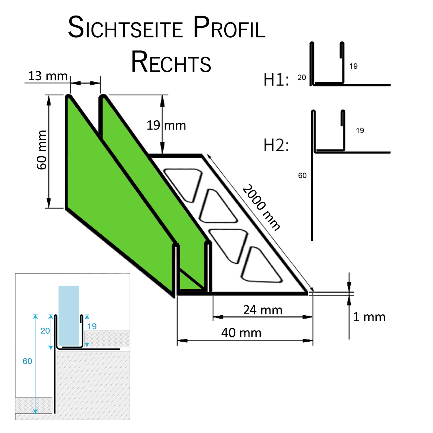 Glashalter- Duschprofil, Keil- Gefälle-Profil begehbare Dusche H19 G13 Rechts 200cm glänzend