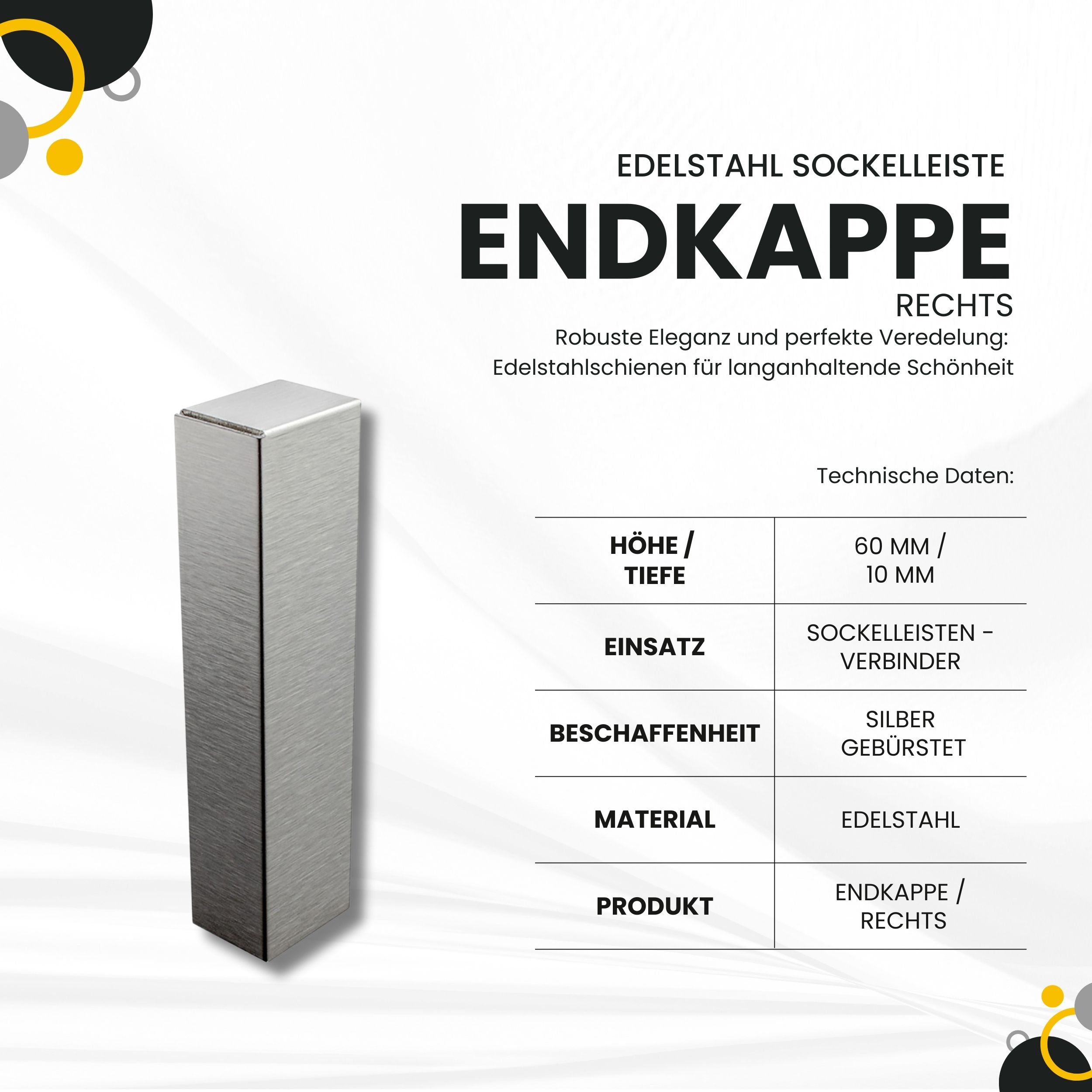 Sockelleiste Edelstahl Fußbodenleisten V2A L250cm 60mm silber gebürstet Endkappe rechts