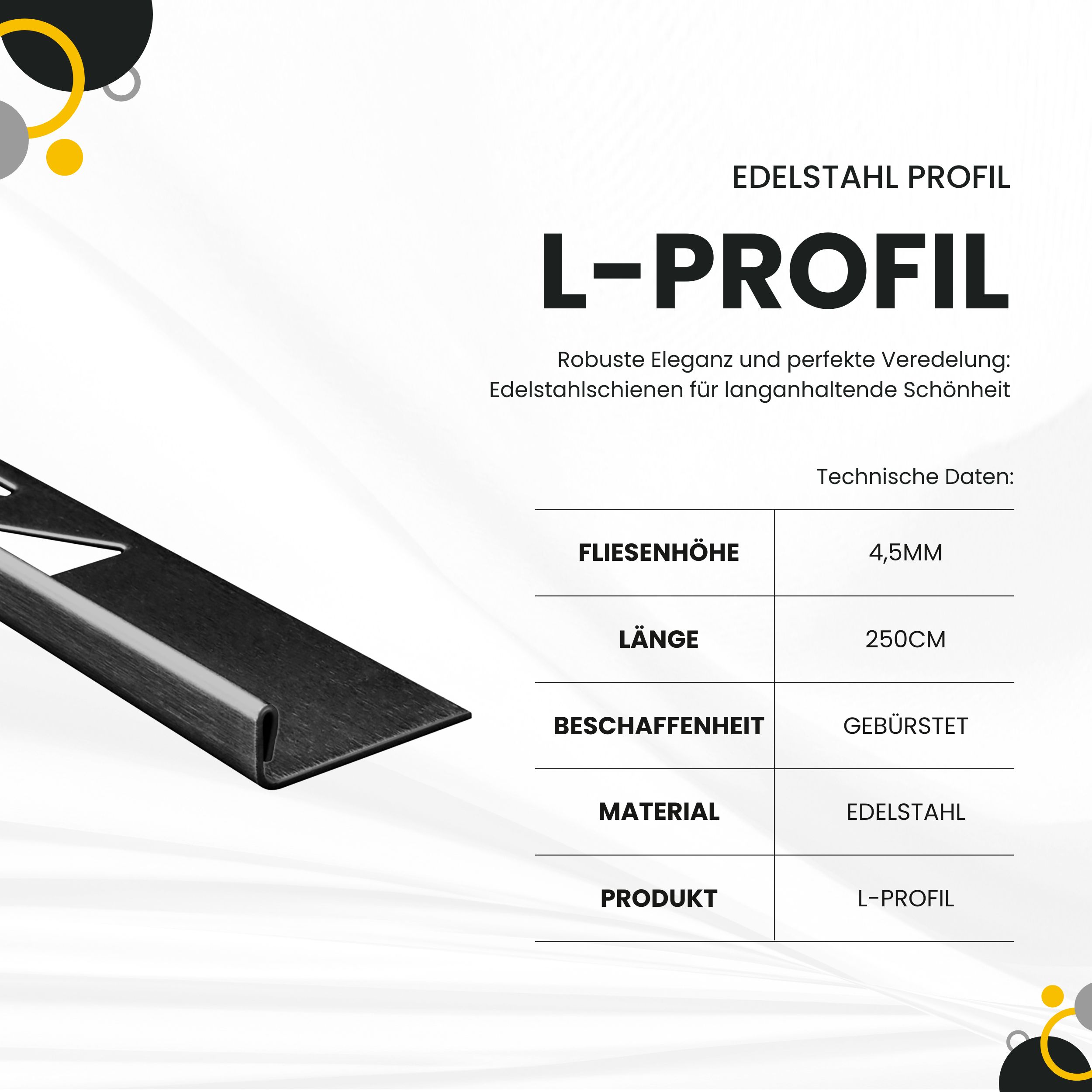 L-Profil Edelstahlschiene Fliesenprofil V2A L250cm 4,5mm schwarz anthrazit gebürstet L-Profil Edelstahlschiene Fliesenprofil V2A L250cm 4,5mm schwarz anthrazit gebürstet
