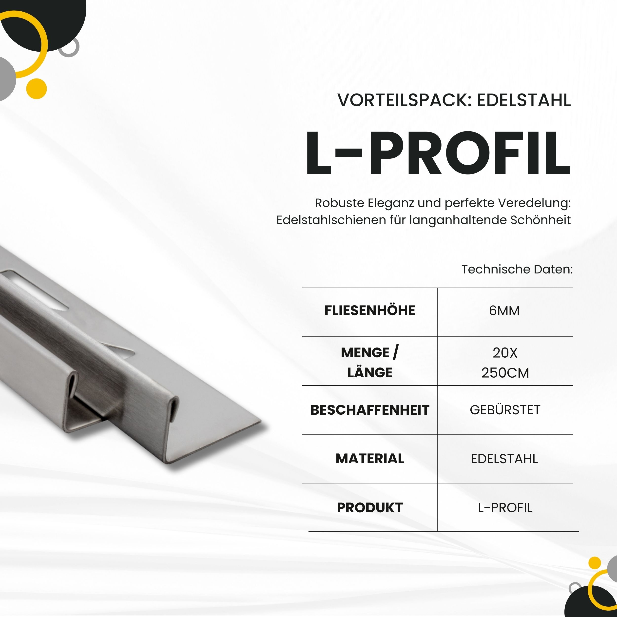 20x L-Profil Edelstahlschiene Fliesenschiene Fliesenprofil L250cm 6mm gebürstet