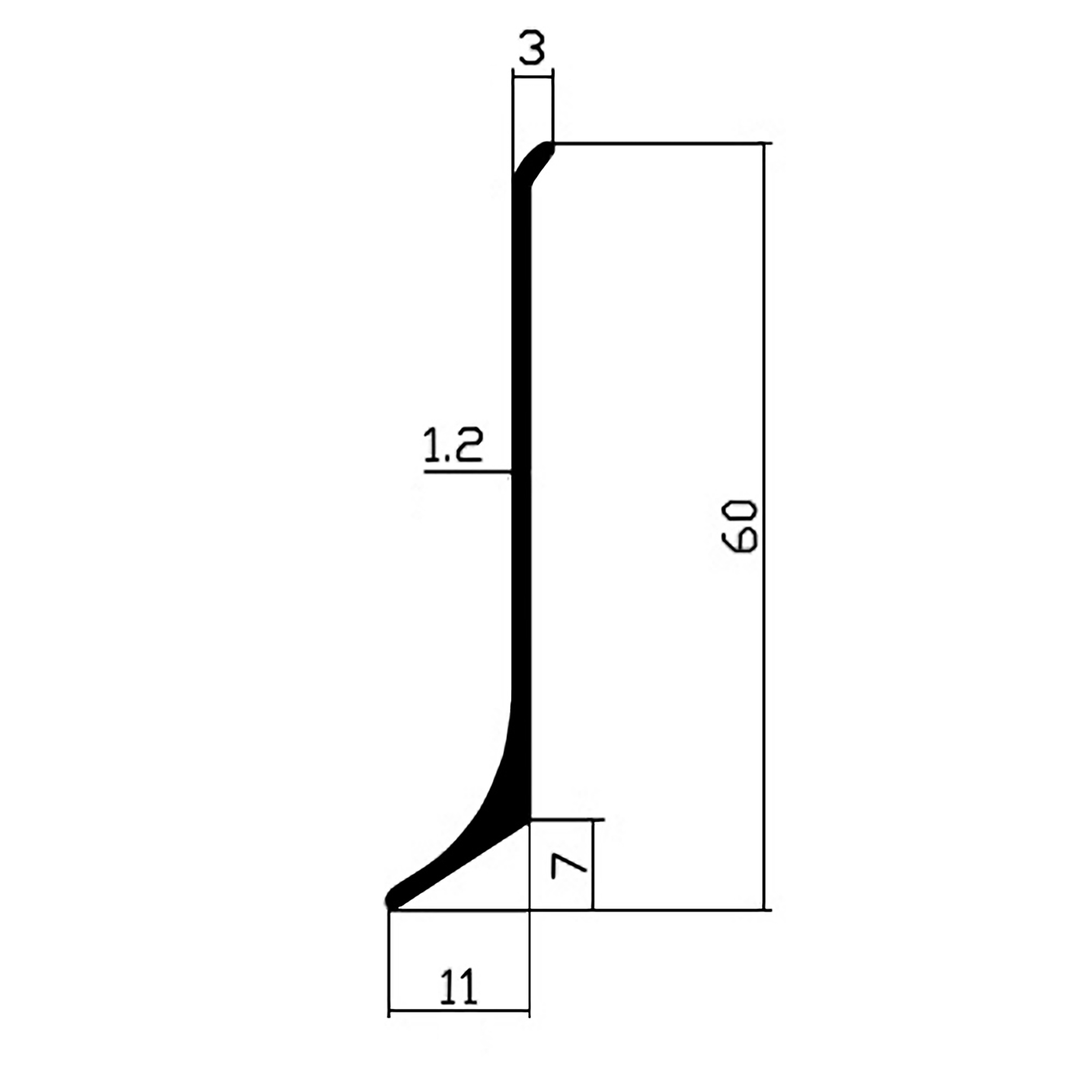 Alu Sockelleiste Fußbodenleisten eloxiert silber L70cm H60mm poliert