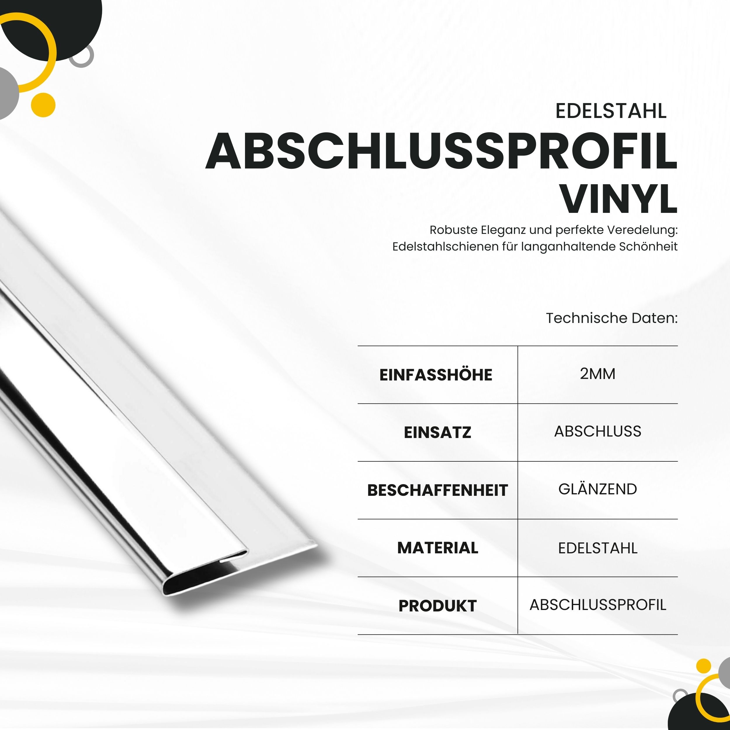 Vinyl Abschluss- / Einfassprofil Edelstahl V2A L250cm H2mm, silber glänzend Vinyl Abschluss- / Einfassprofil Edelstahl V2A L250cm H2mm, silber glänzend