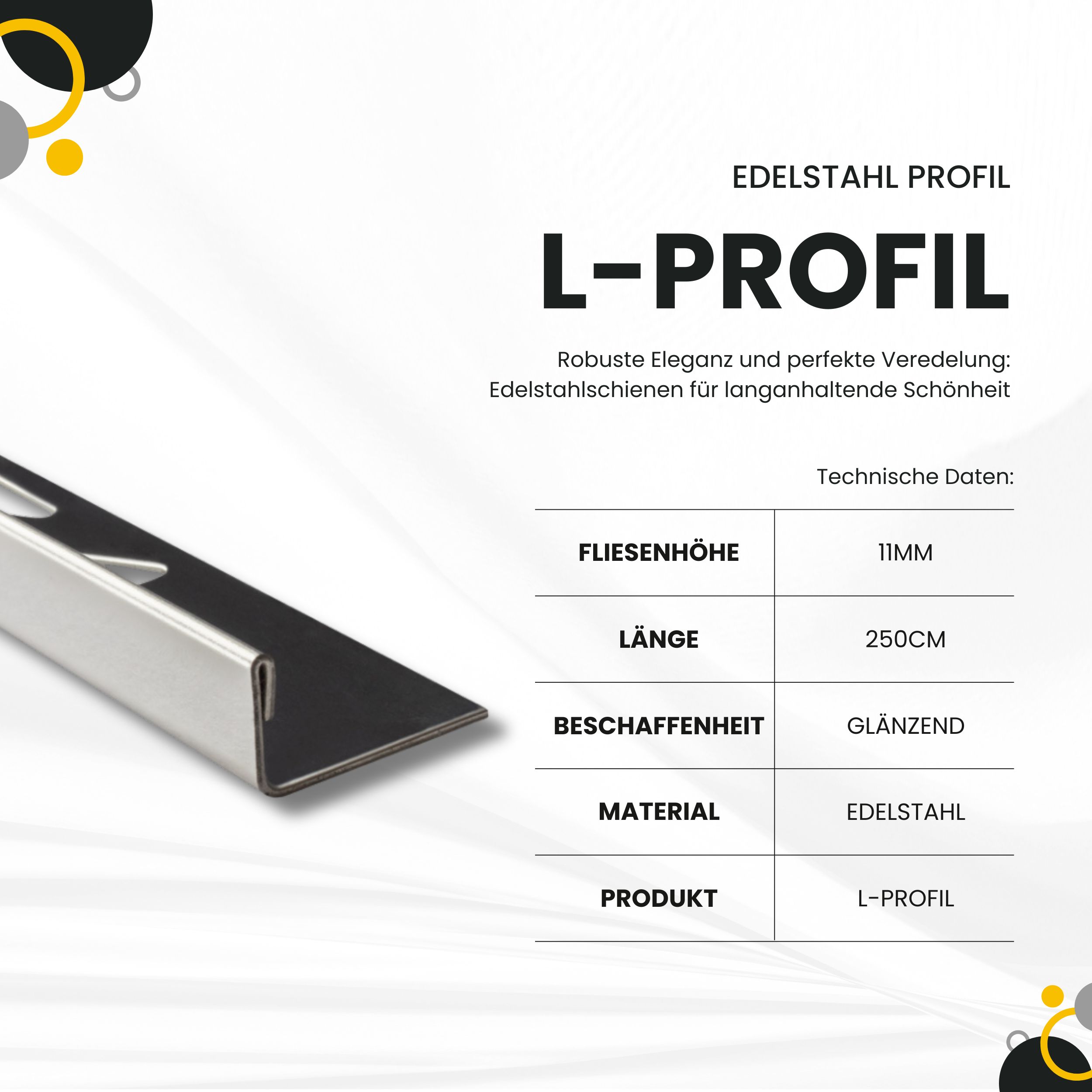 L-Profil Edelstahlschiene Profil Fliesenschiene Edelstahl V2A L250cm 11mm glänzend