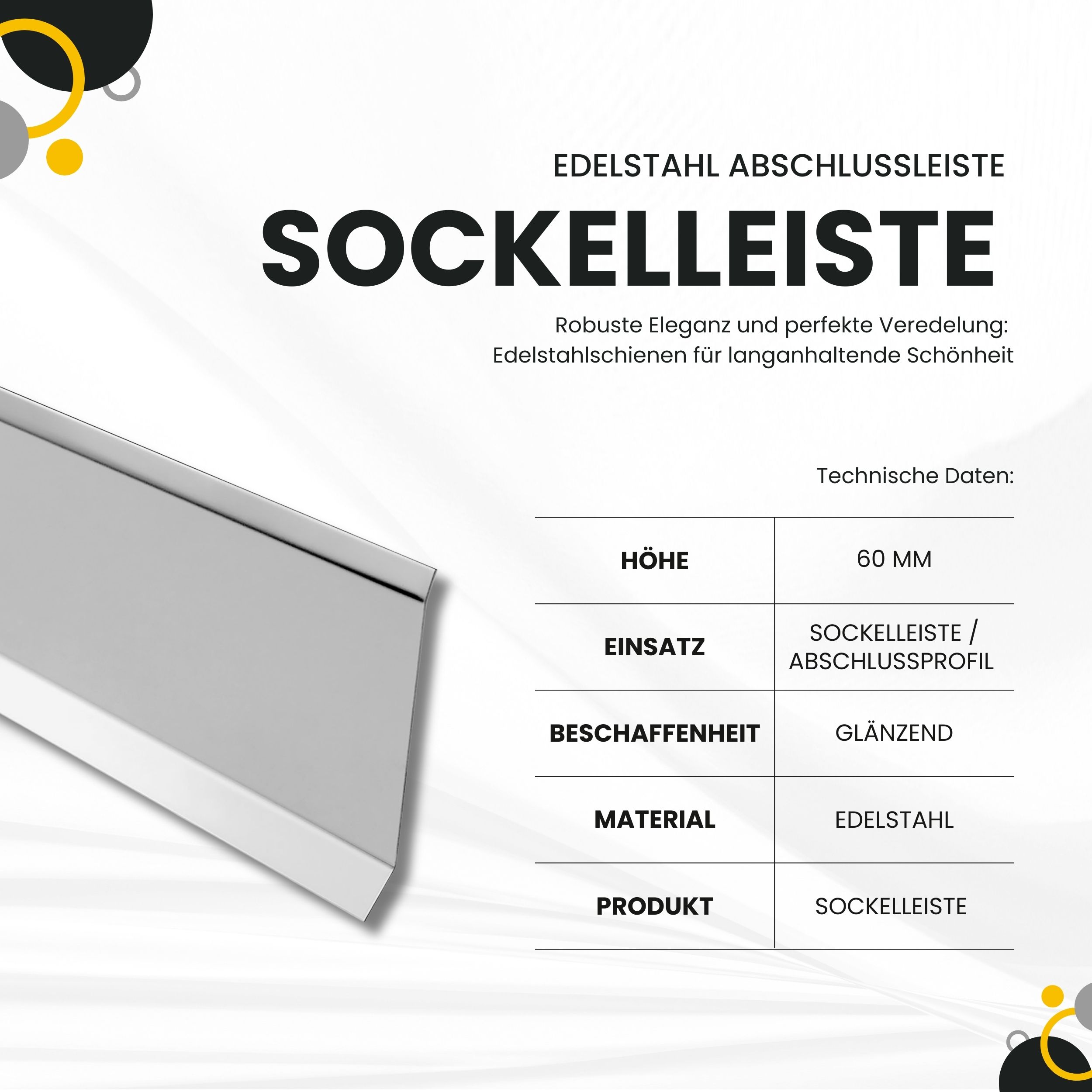 Sockelleiste Edelstahl Fußbodenleisten V2A L250cm 60mm glänzend