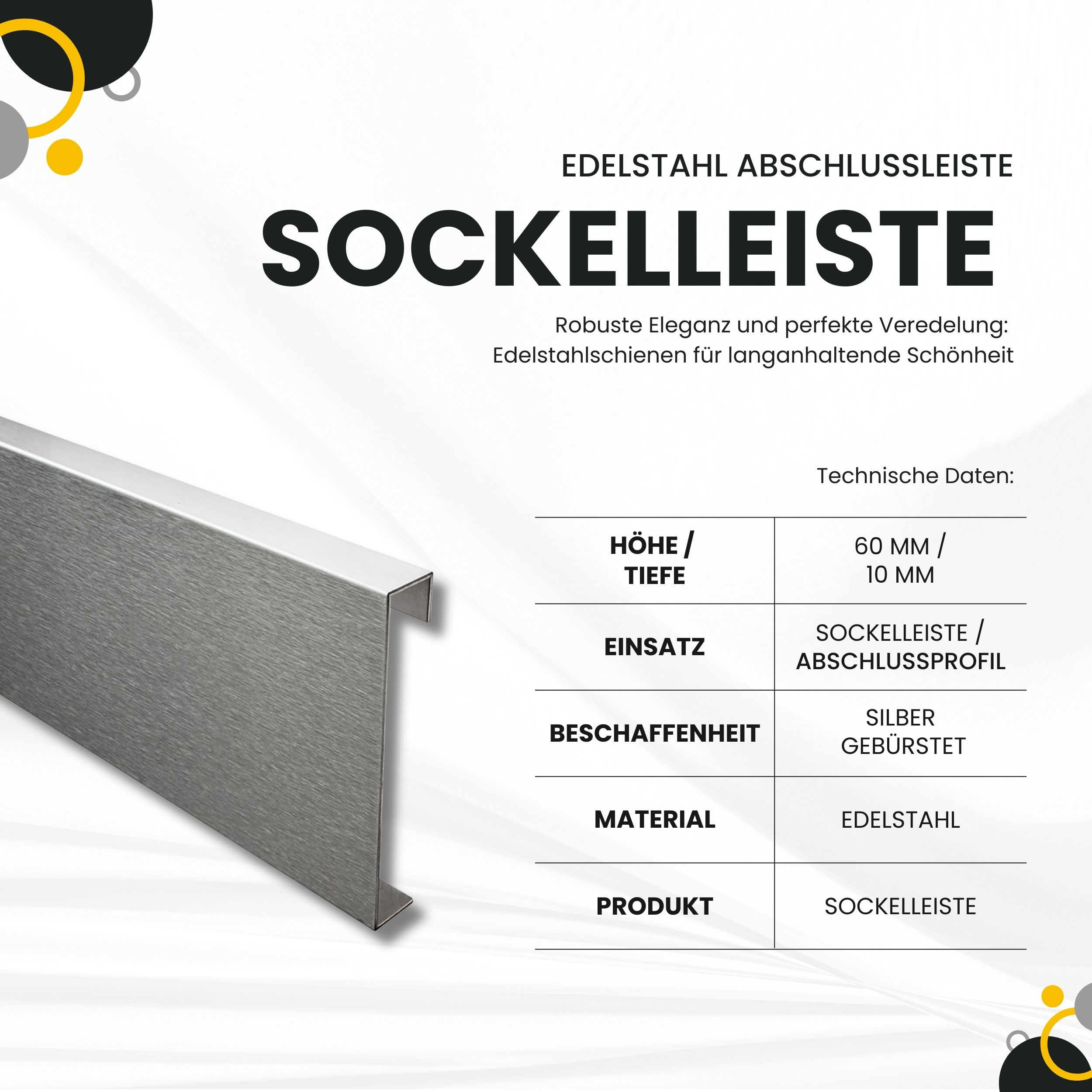 Sockelleiste Edelstahl Fußbodenleisten V2A L250cm 60mm silber gebürstet Profil 2,5m