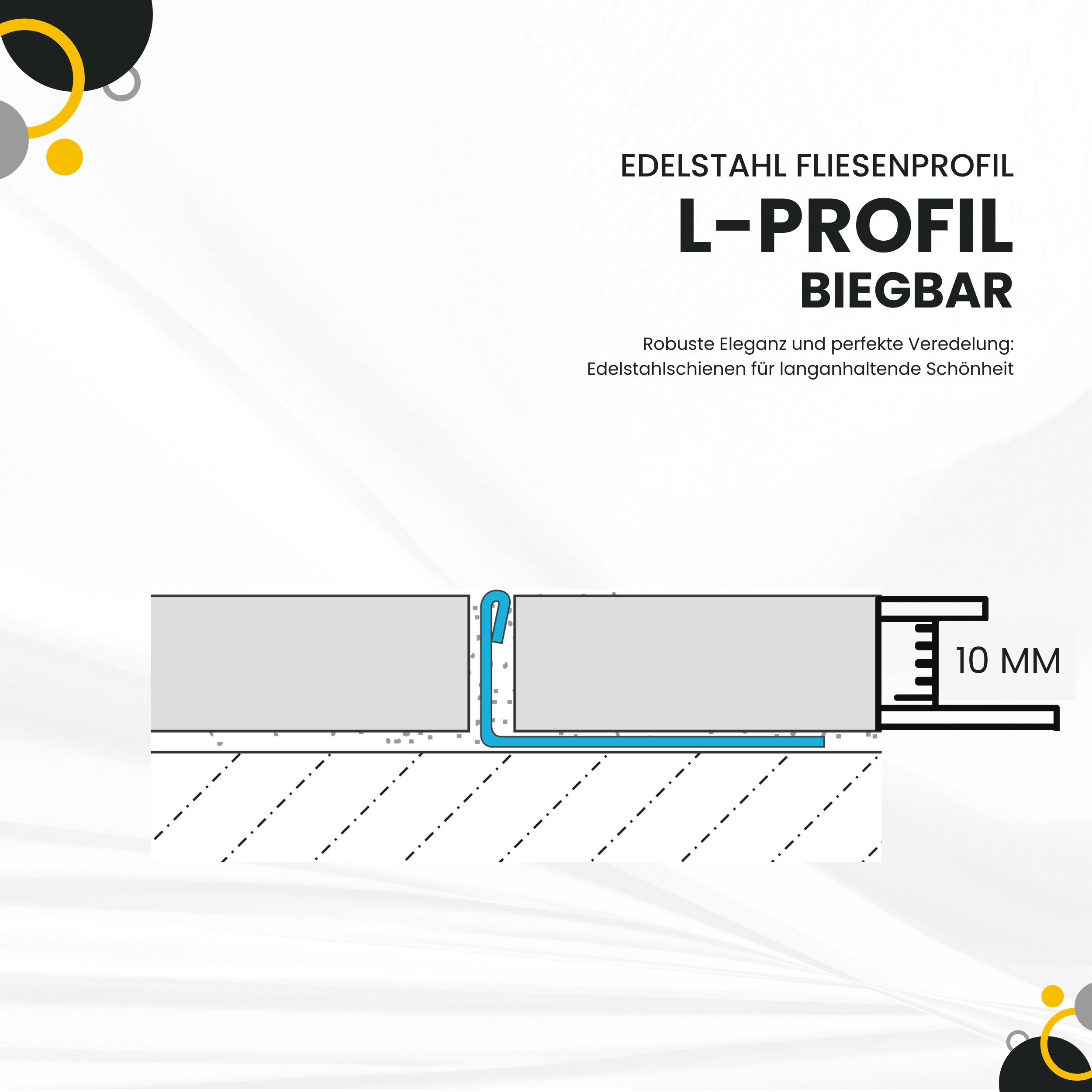 L-Profil flexibel biegbar Edelstahl Fliesenschiene V2A, 250cm, H10mm, silber gebürstet L-Profil flexibel biegbar Edelstahl Fliesenschiene V2A, 250cm, H10mm, silber glänzend