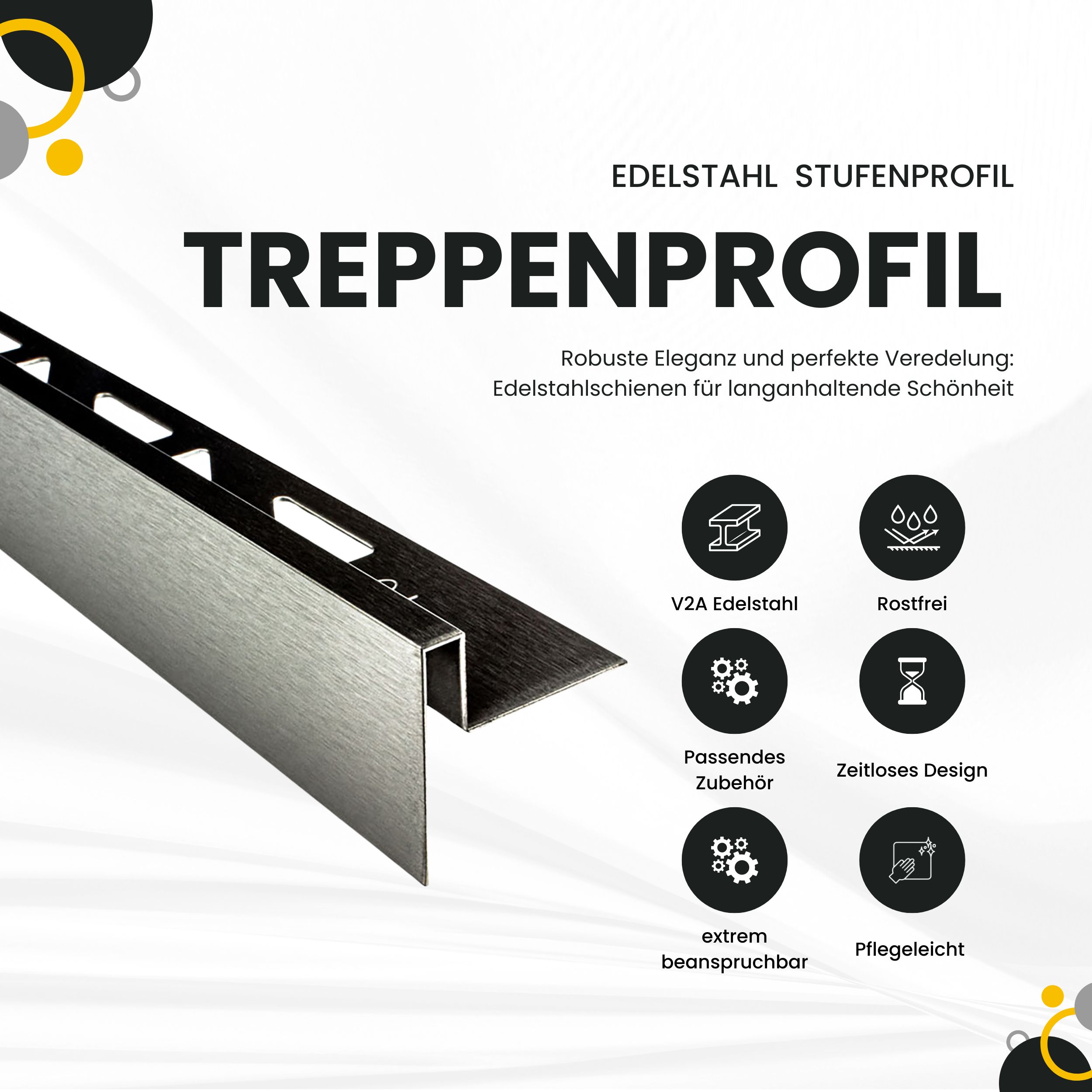 Edelstahl Stufenprofil Treppenprofil Fliesenleiste Treppen V2A L2,5m H10mm gebürstet