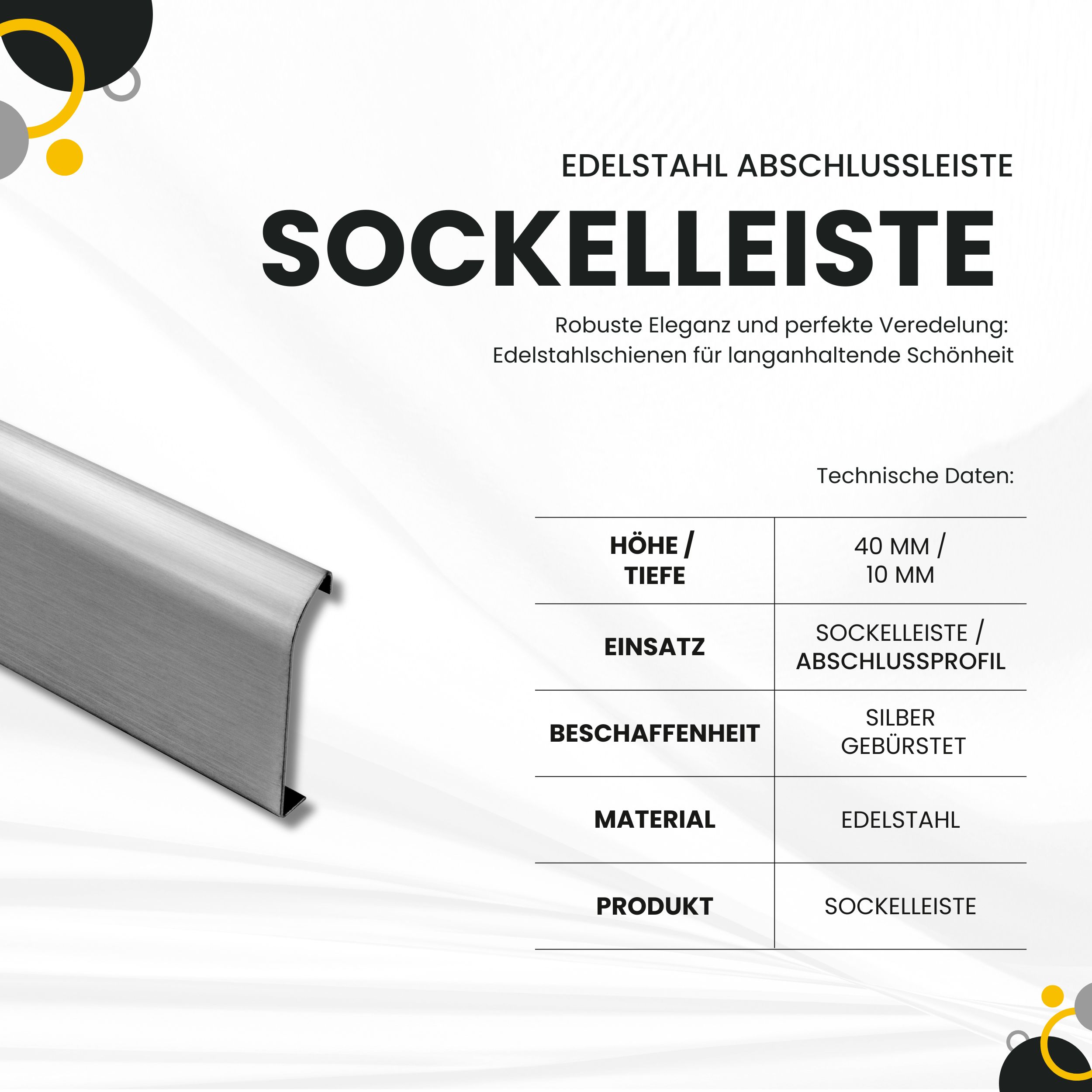 Sockelleiste Edelstahl Fußbodenleisten V2A L250cm 40mm silber gebürstet Profil 2,5m