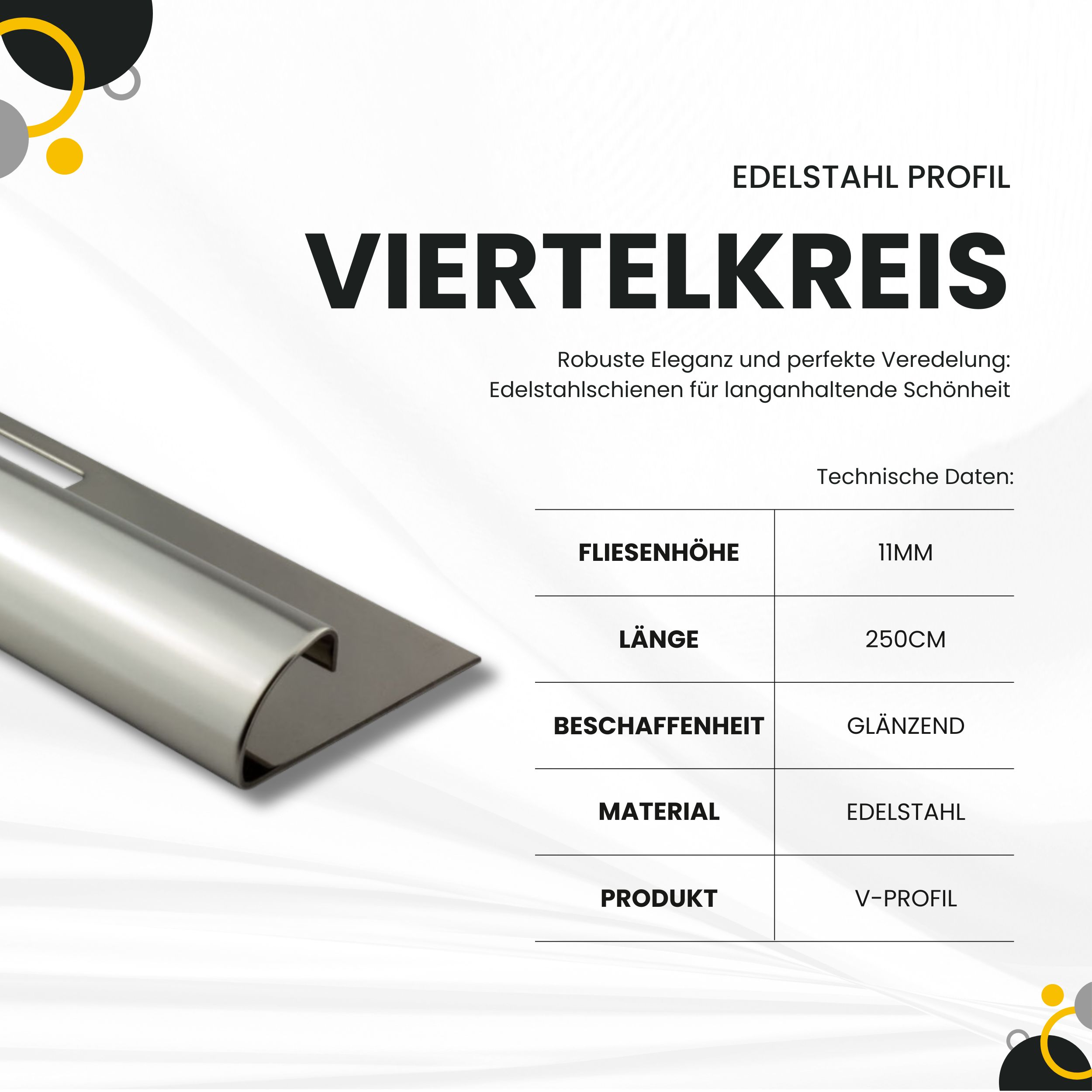 Viertelkreis Edelstahlschiene Profil Fliesenschiene Edelstahl V2A L250cm 11mm glänzend