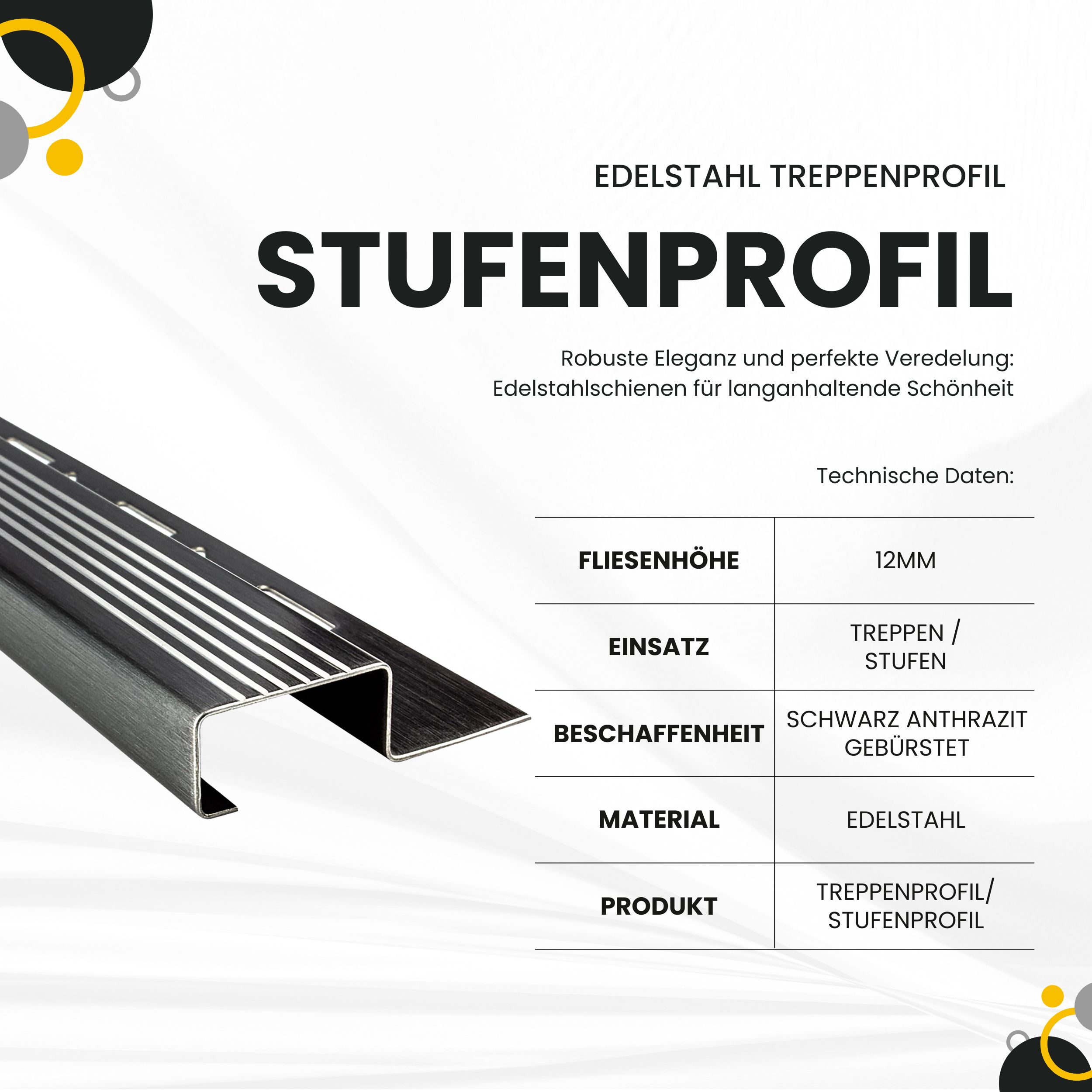 Edelstahl Stufenprofil Fliesen Treppen schwarz anthrazit gebürstet 2,5m 12mm