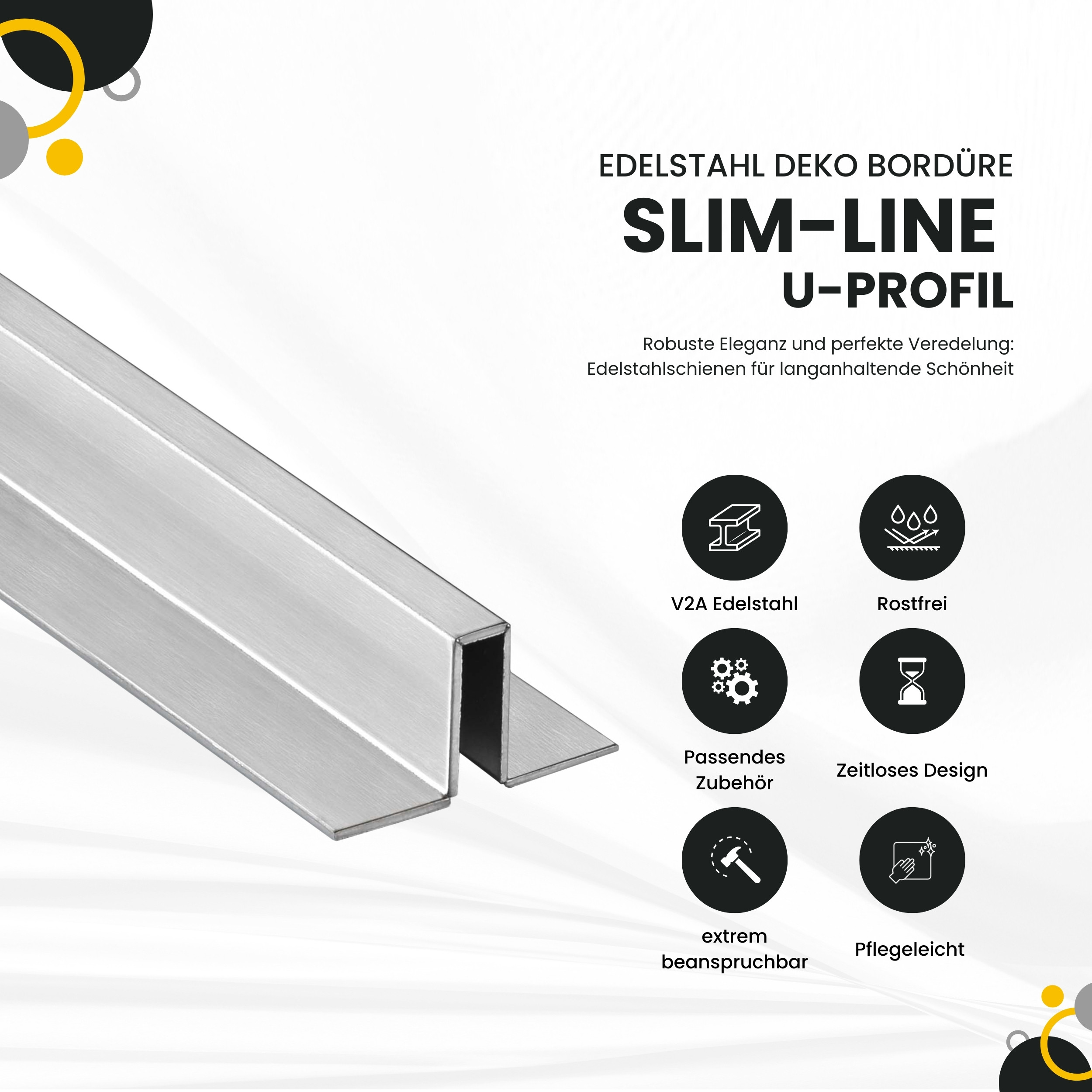 Slim-Line U-Profil Bordüre mit Schenkel Fliesenschiene Edelstahl V2A L250cm H10 gebürstet