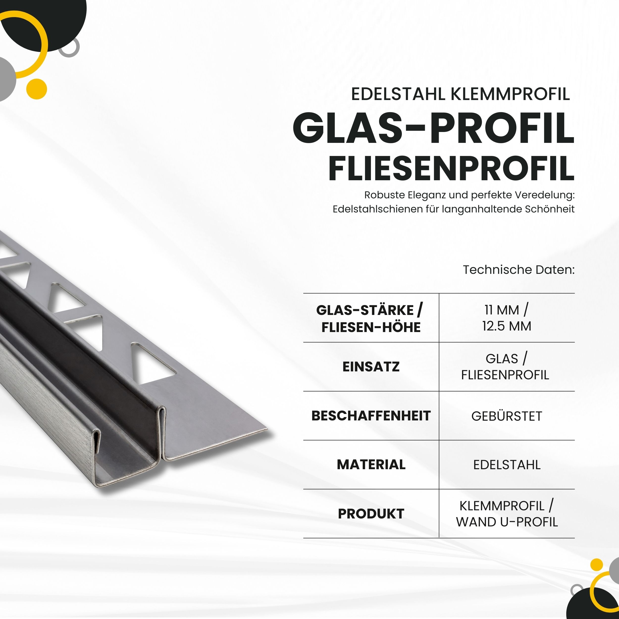 Glas-Fliesenprofil Edelstahl Klemmprofil Wandprofil V2A 2m H12.5mm 11mm-Glas gebürstet
