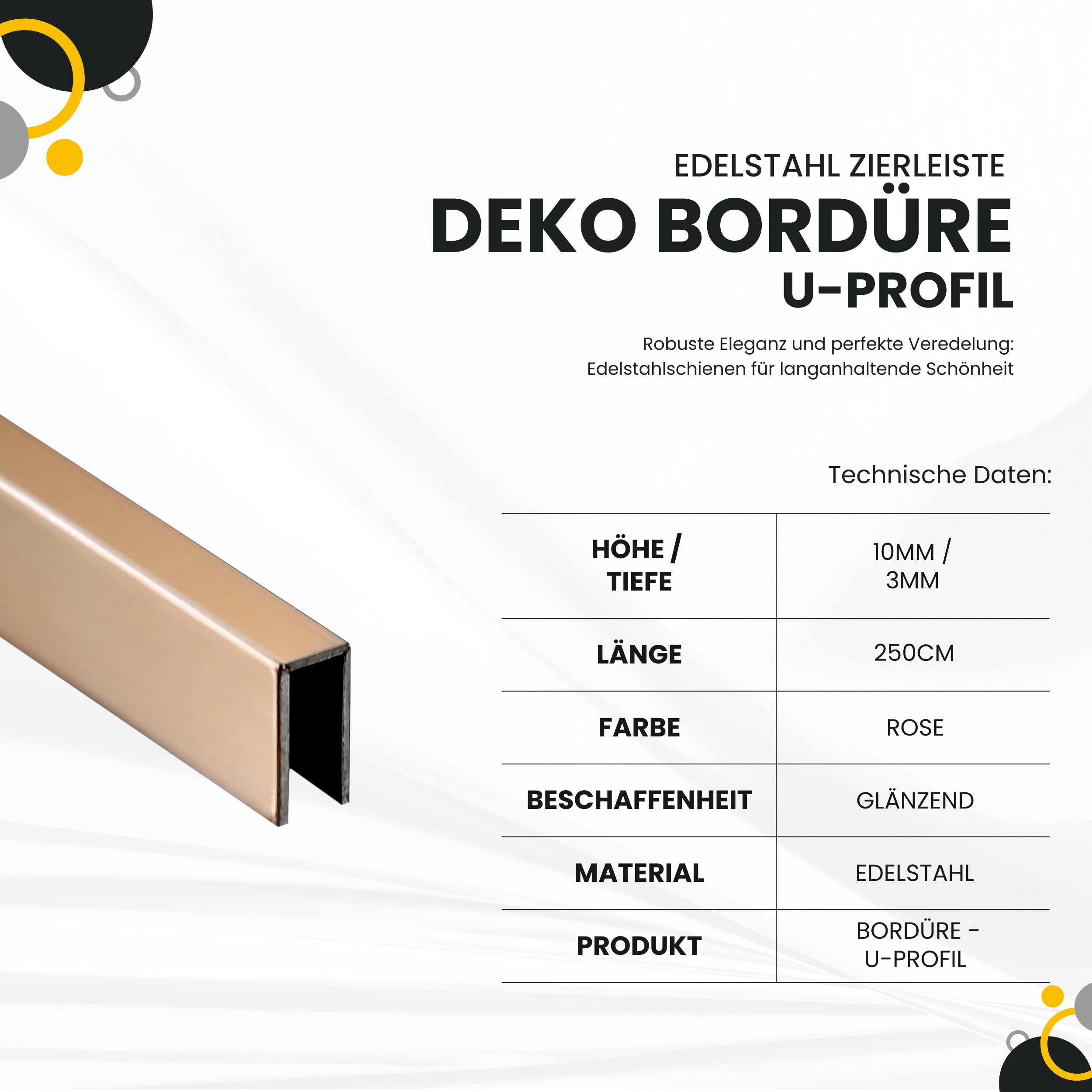 Deko Bordüre U-Profil Zierleiste Fliesenschiene Edelstahl V2A L250cm 3mm rose glänzend