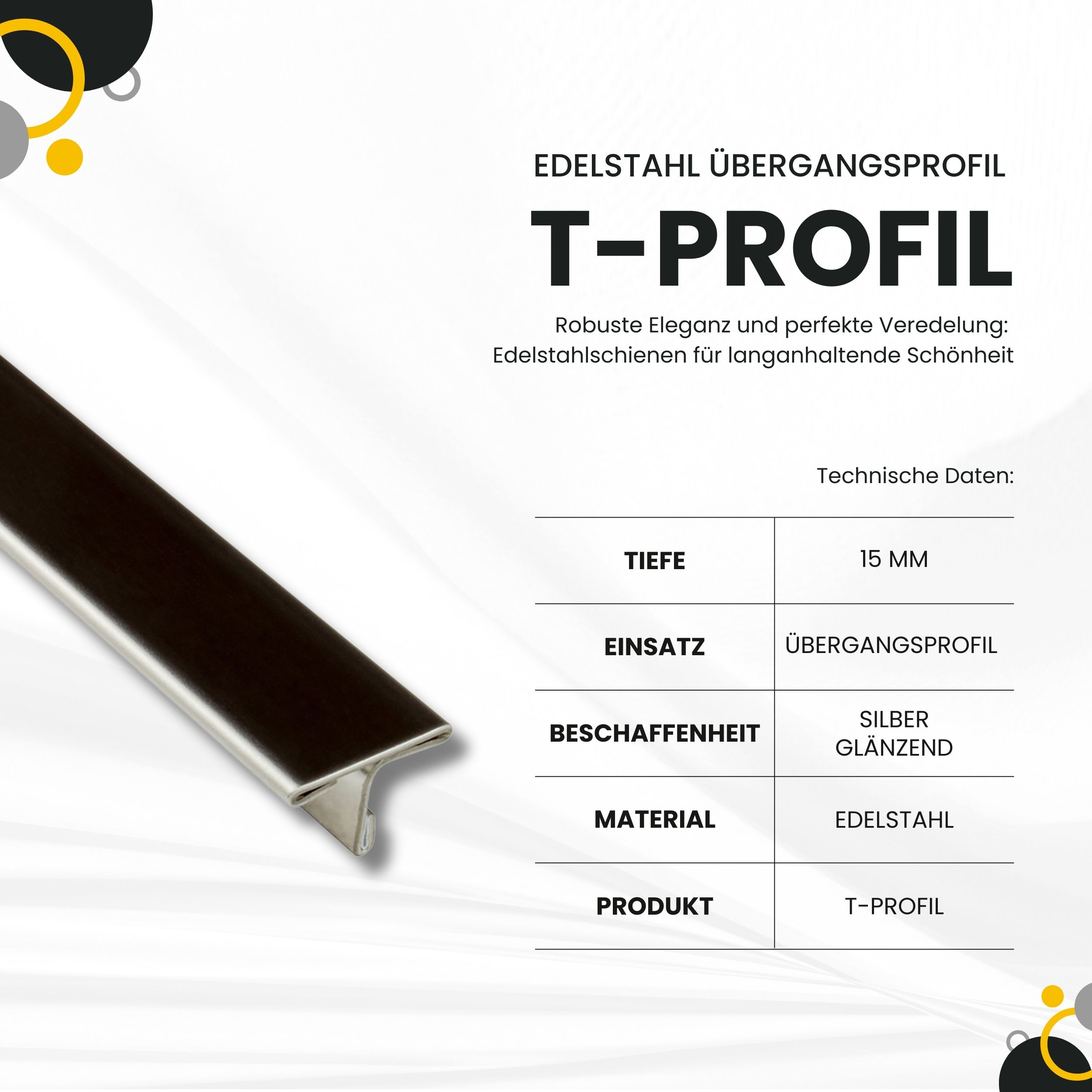 T-Profil Edelstahl Schiene Übergangsprofil V2A L250cm 15mm glänzend