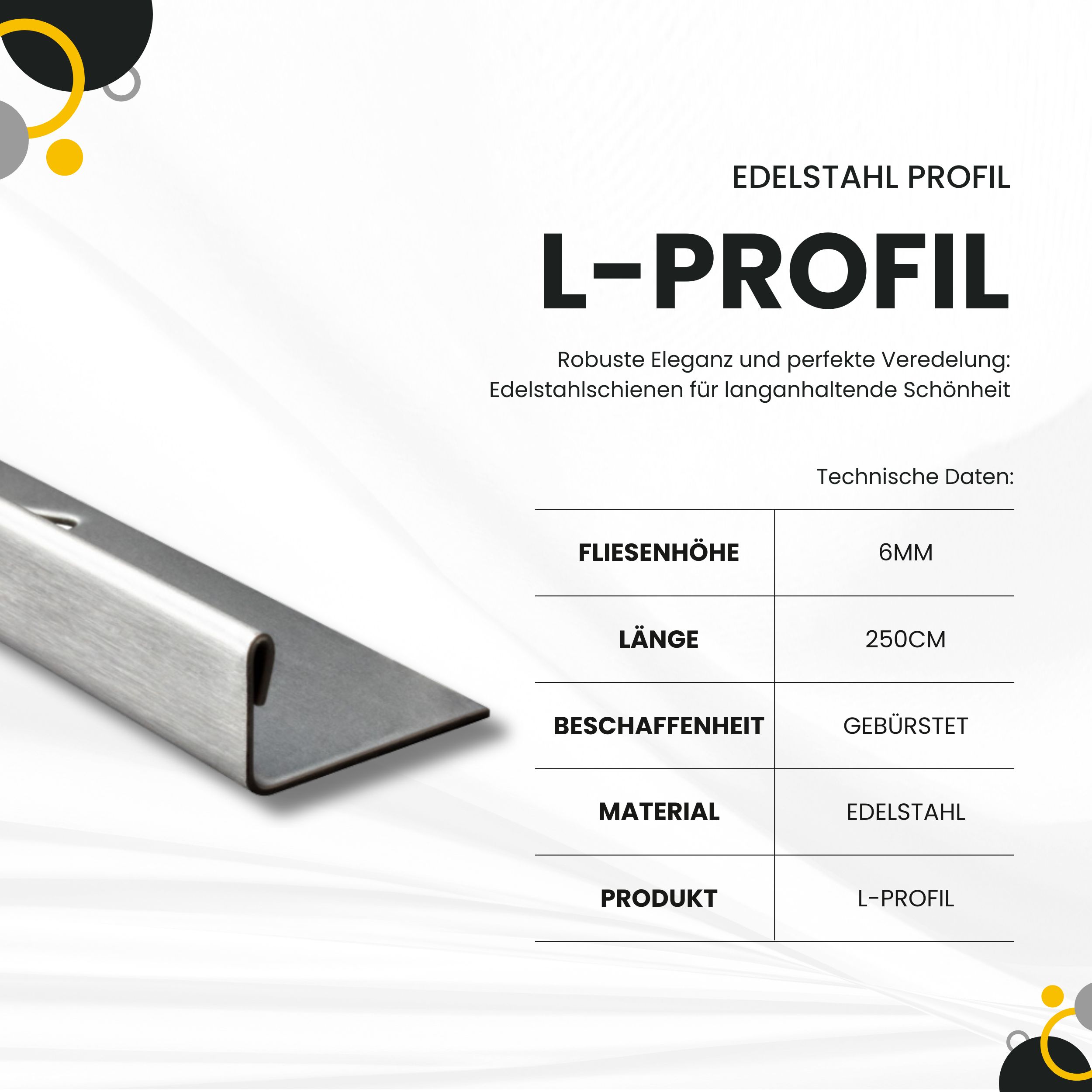 L-Profil Edelstahlschiene Profil Fliesenschiene Edelstahl V2A L250cm 4,5mm gebürstet