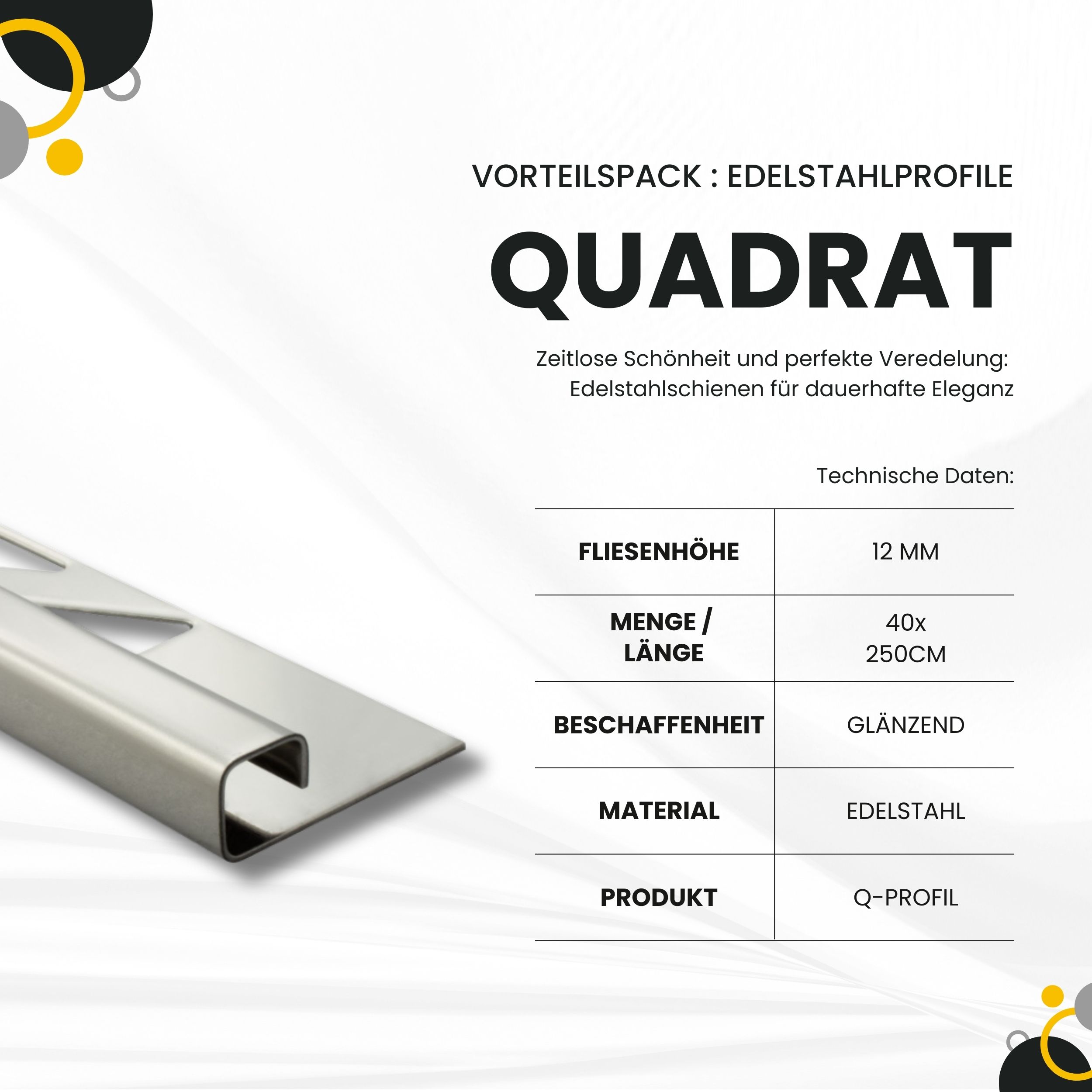 40x Quadrat Edelstahlschiene Fliesenprofil Fliesenschiene L250cm 12mm glänzend