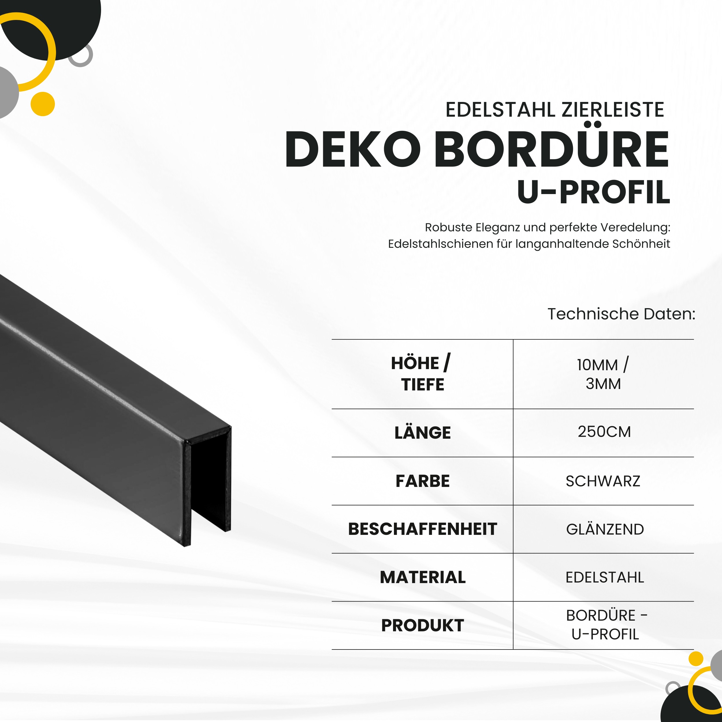 Deko Bordüre U-Profil Zierleiste Fliesenschiene Edelstahl V2A L250cm 3mm schwarz glänzend