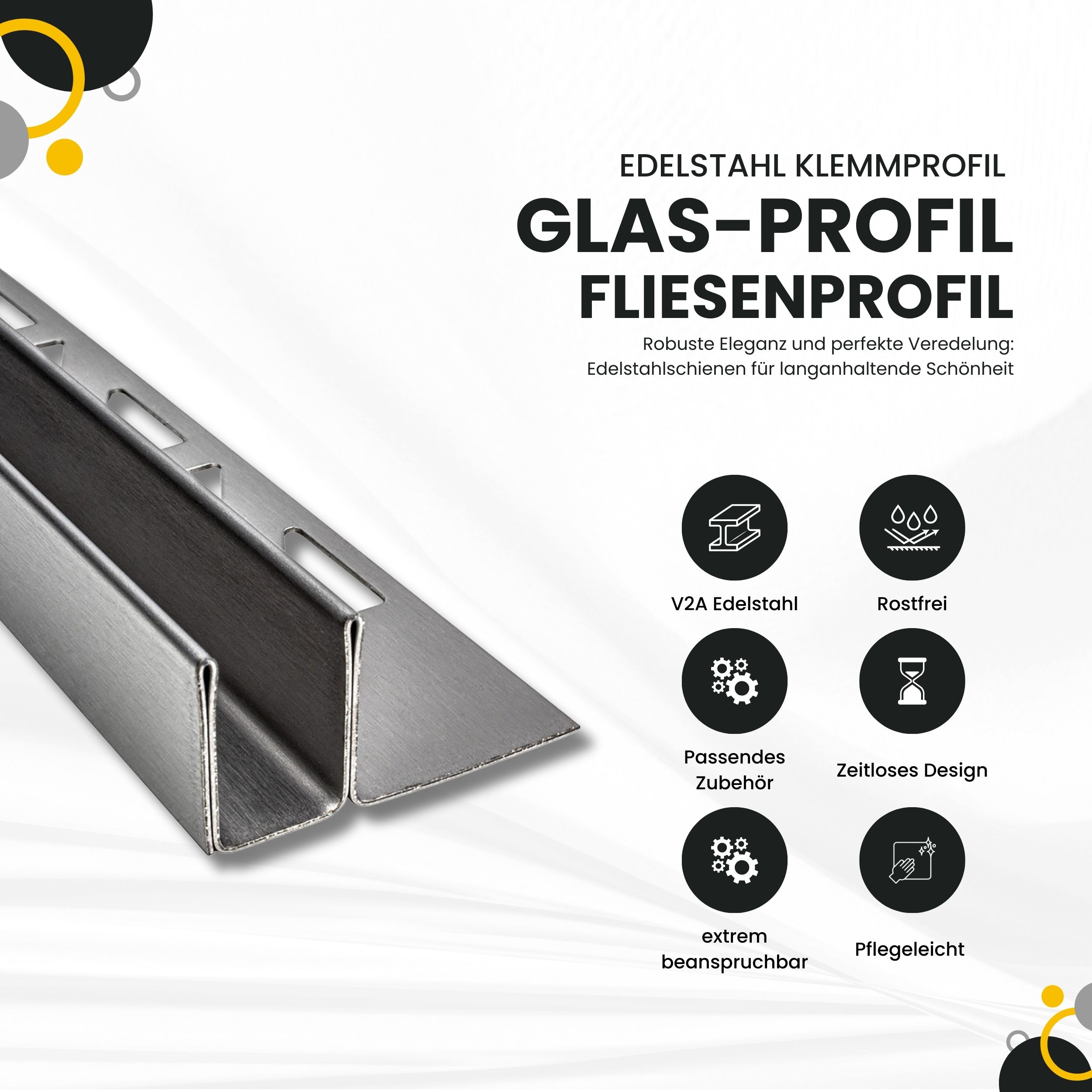 Glas-Fliesenprofil Edelstahl Klemmprofil Wandprofil V2A 2m H19mm 11mm-Glas gebürstet