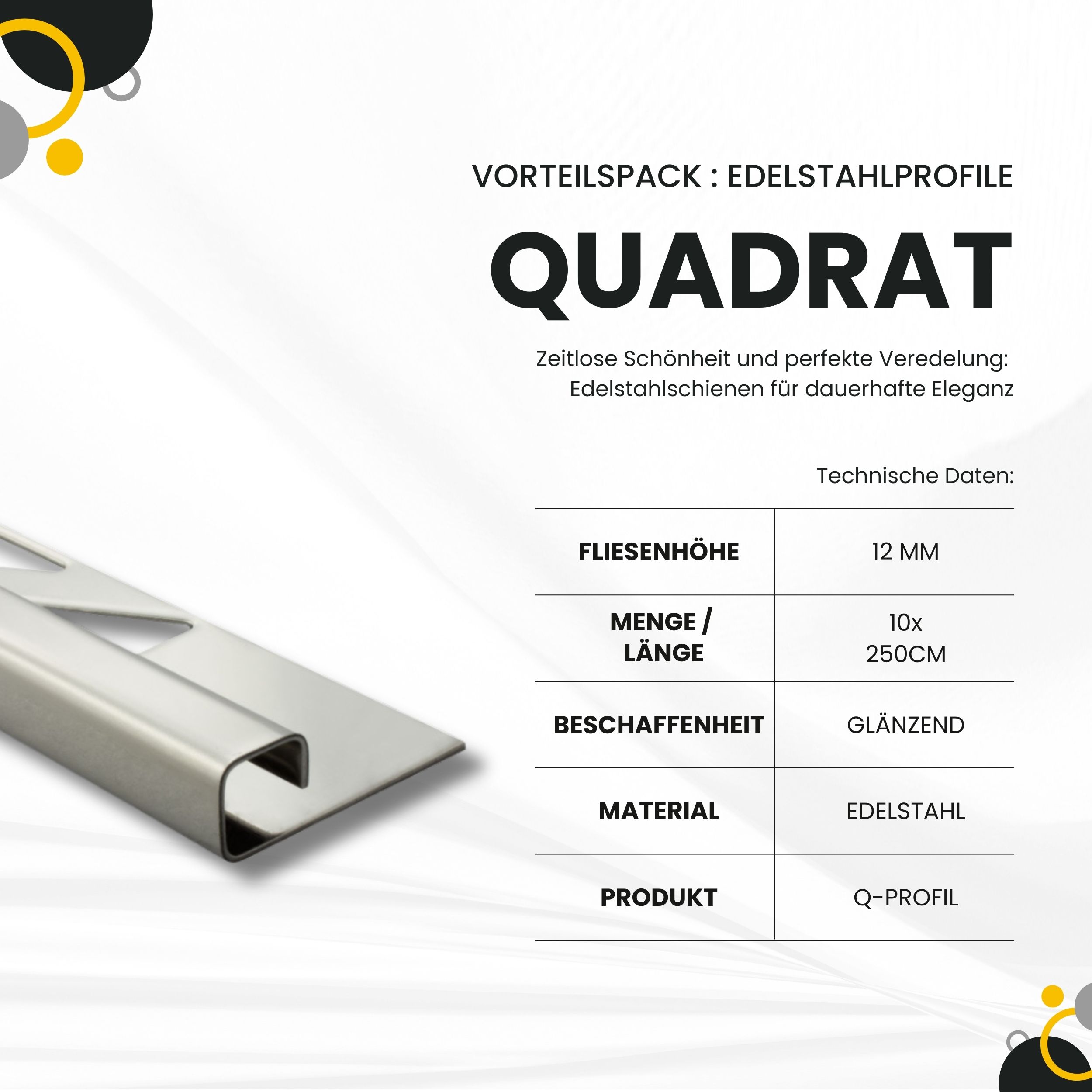 10x Quadrat Edelstahlschiene Fliesenprofil Fliesenschiene L250cm 12mm glänzend