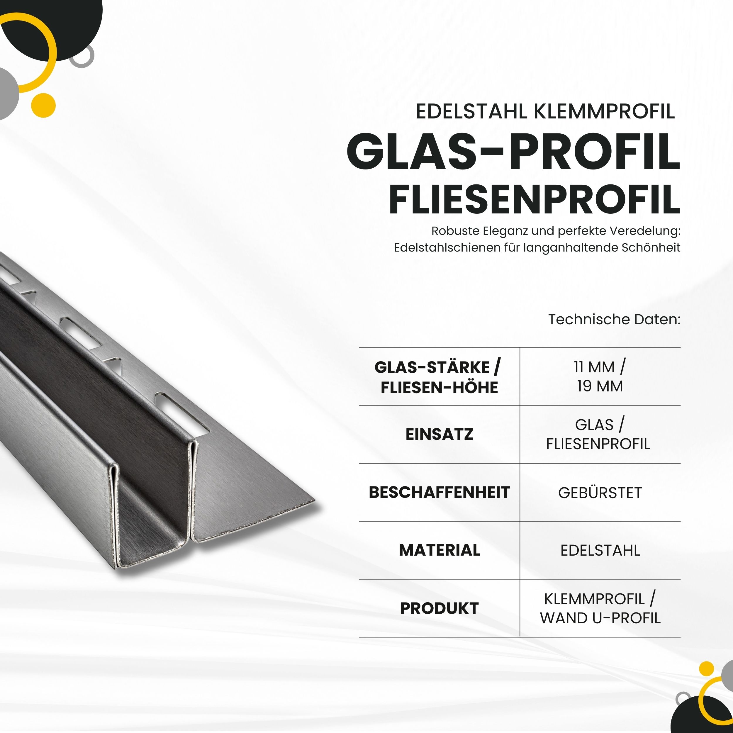 Glas-Fliesenprofil Edelstahl Klemmprofil Wandprofil V2A 2m H19mm 11mm-Glas gebürstet Glas-Fliesenprofil Edelstahl Klemmprofil Wandprofil V2A 2m H19mm 11mm-Glas gebürstet