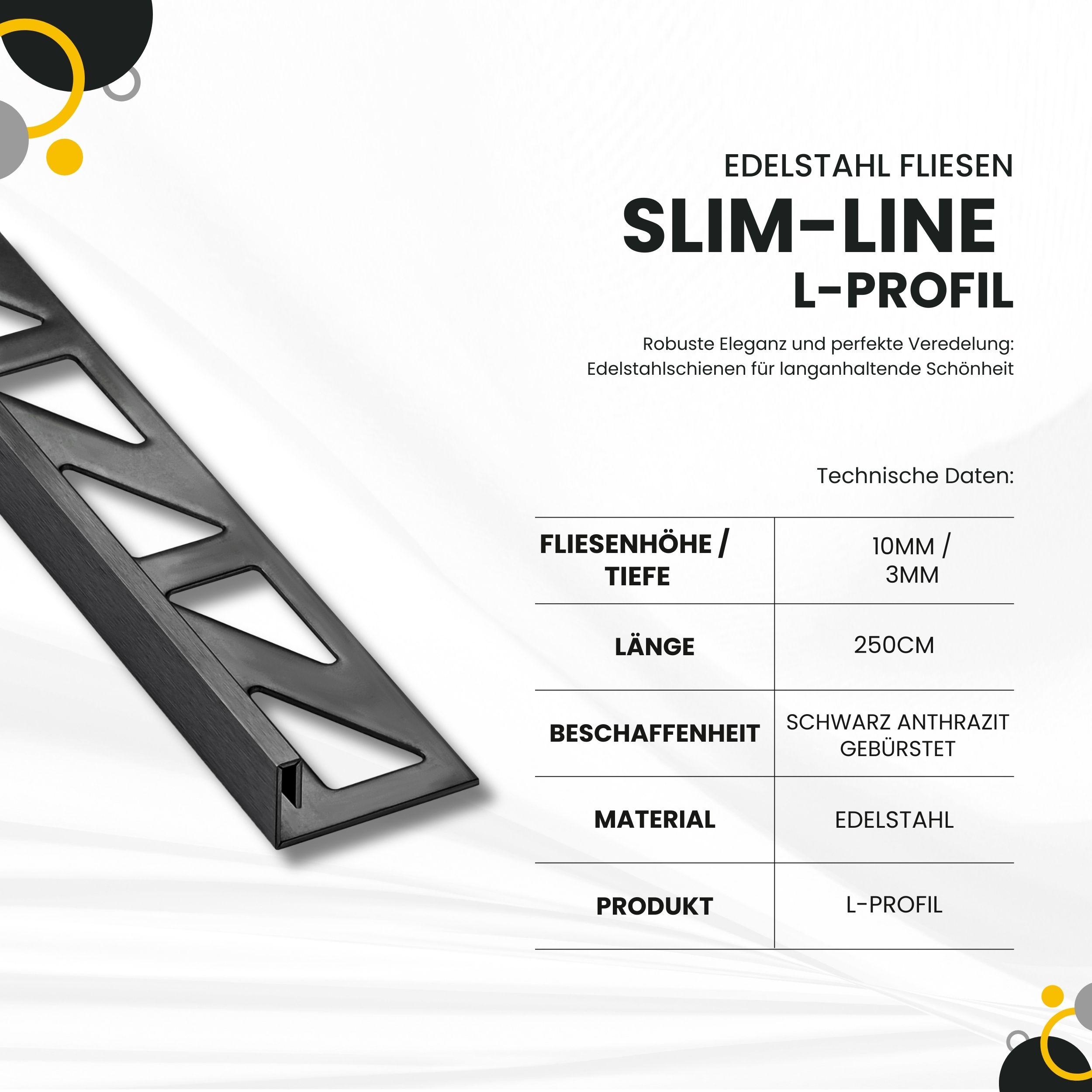 Slim-Line Edelstahl L-Profil Fliesenschiene V2A L250cm H10mm schwarz anthrazit gebürstet