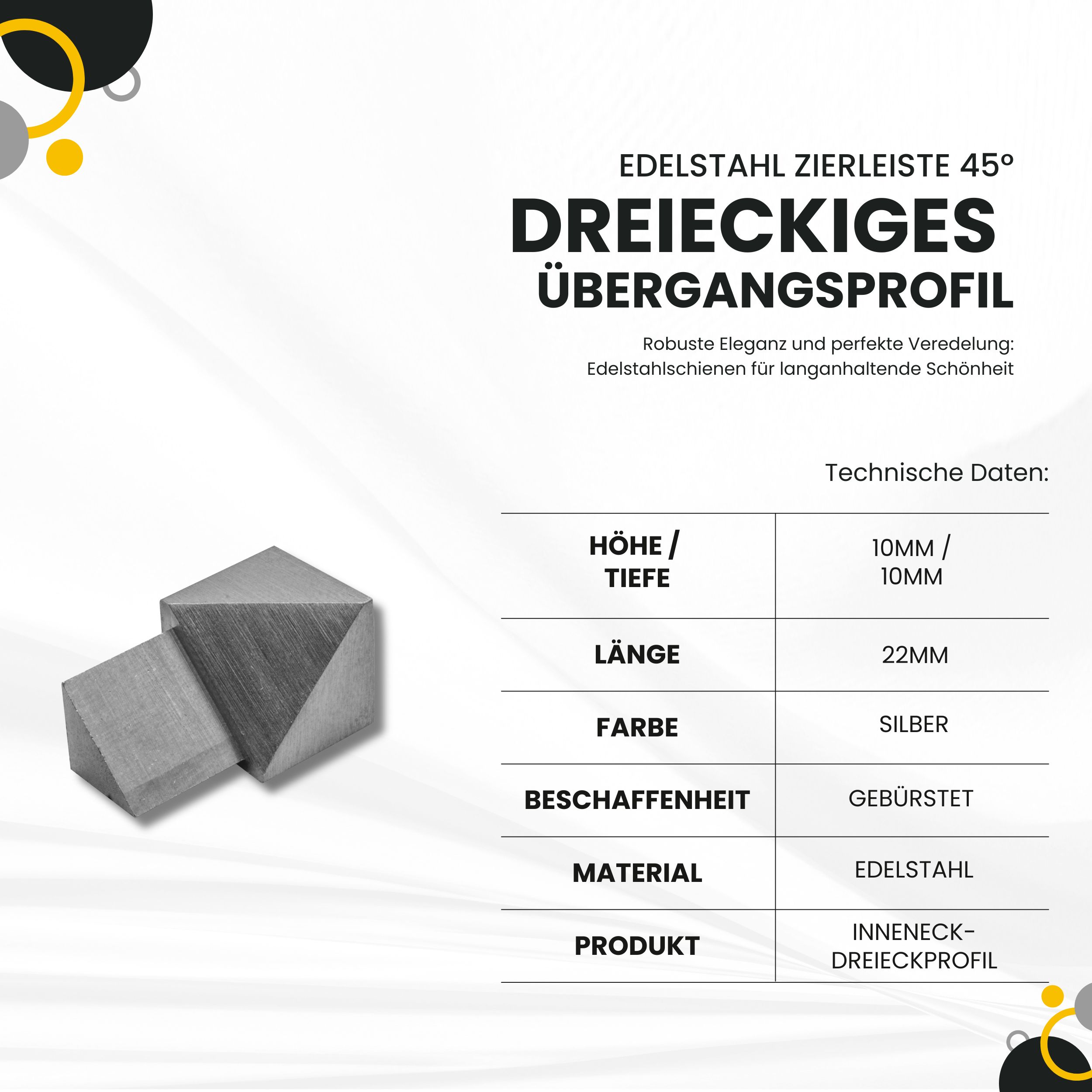 Dreieckiges 45° Übergangsprofil Edelstahl Fliesenprofil V2A L250cm H10mm Inneneck