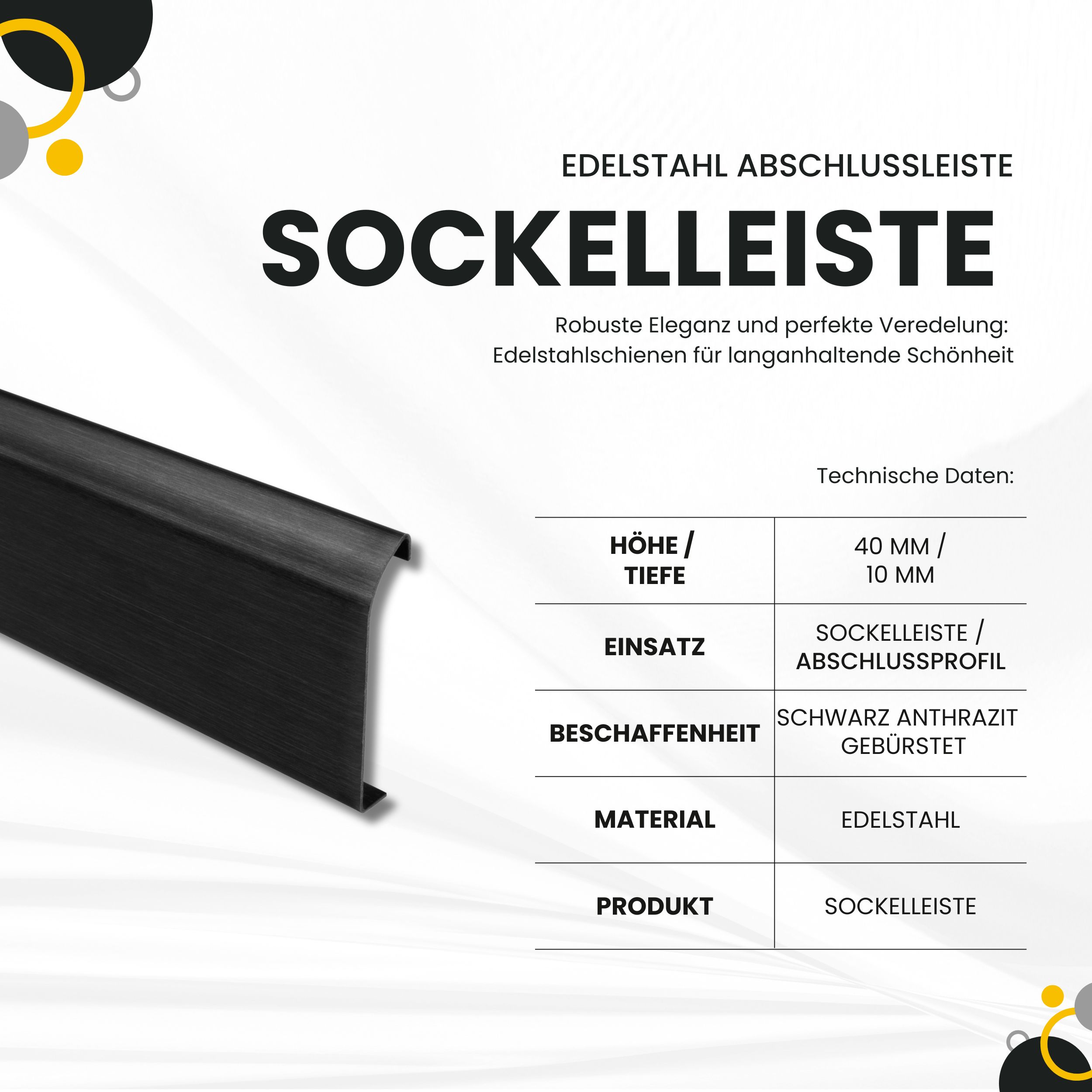 Sockelleiste Edelstahl Fußbodenleisten V2A L250cm 40mm schwarz anthrazit gebürstet Profil 2,5m Sockelleiste Edelstahl Fußbodenleisten V2A L250cm 40mm schwarz anthrazit gebürstet Profil 2,5m