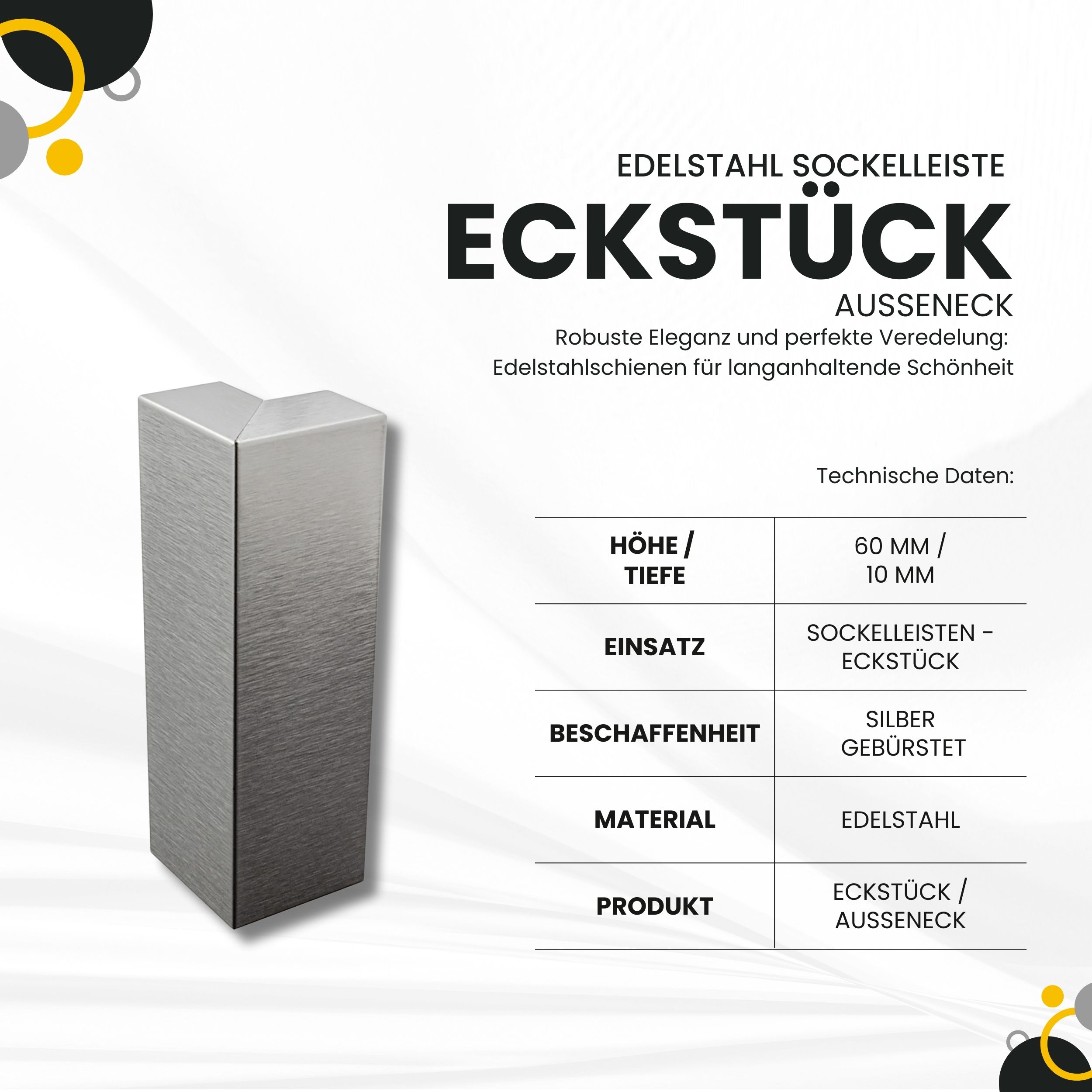 Sockelleiste Edelstahl Fußbodenleisten V2A L250cm 60mm silber gebürstet Ausseneck