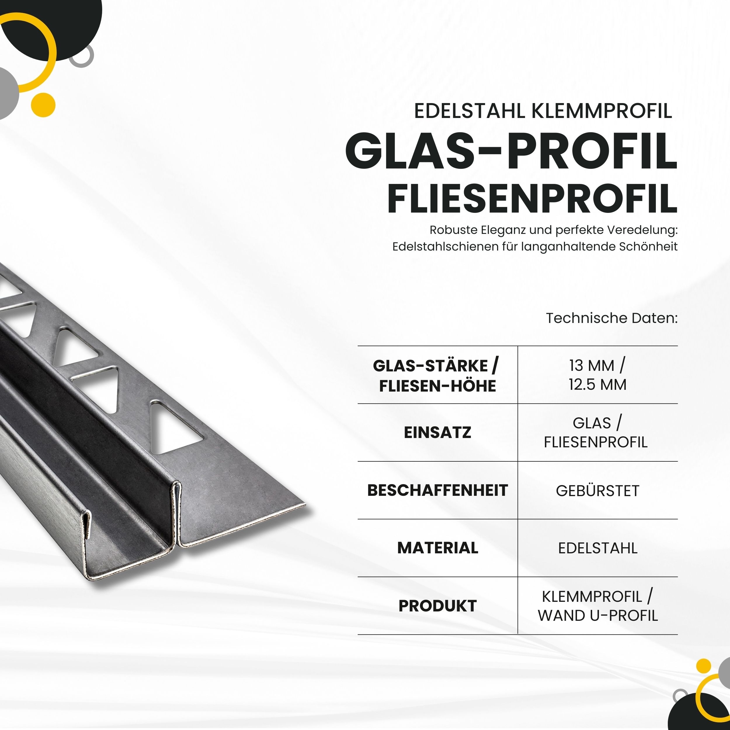 Glas-Fliesenprofil Edelstahl Klemmprofil Wandprofil V2A 2m H12.5mm 13mm-Glas gebürstet
