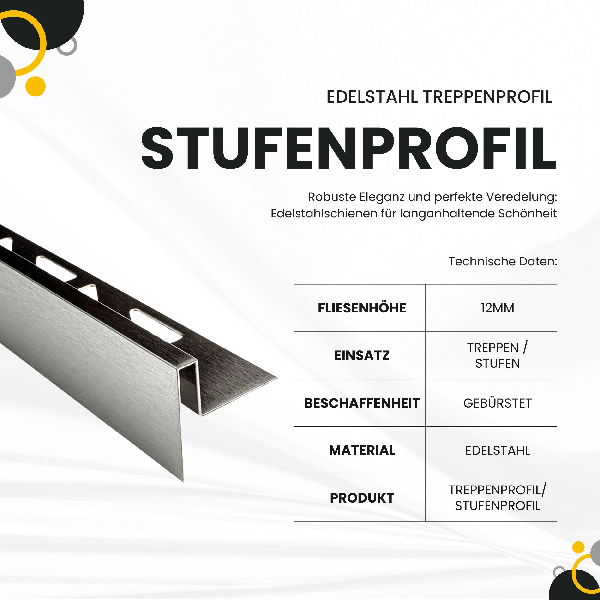 Edelstahl Stufenprofil Treppenprofil Fliesenleiste Treppen V2A L2,5m H12mm gebürstet Edelstahl Stufenprofil Treppenprofil Fliesenleiste Treppen V2A L2,5m H12mm gebürstet