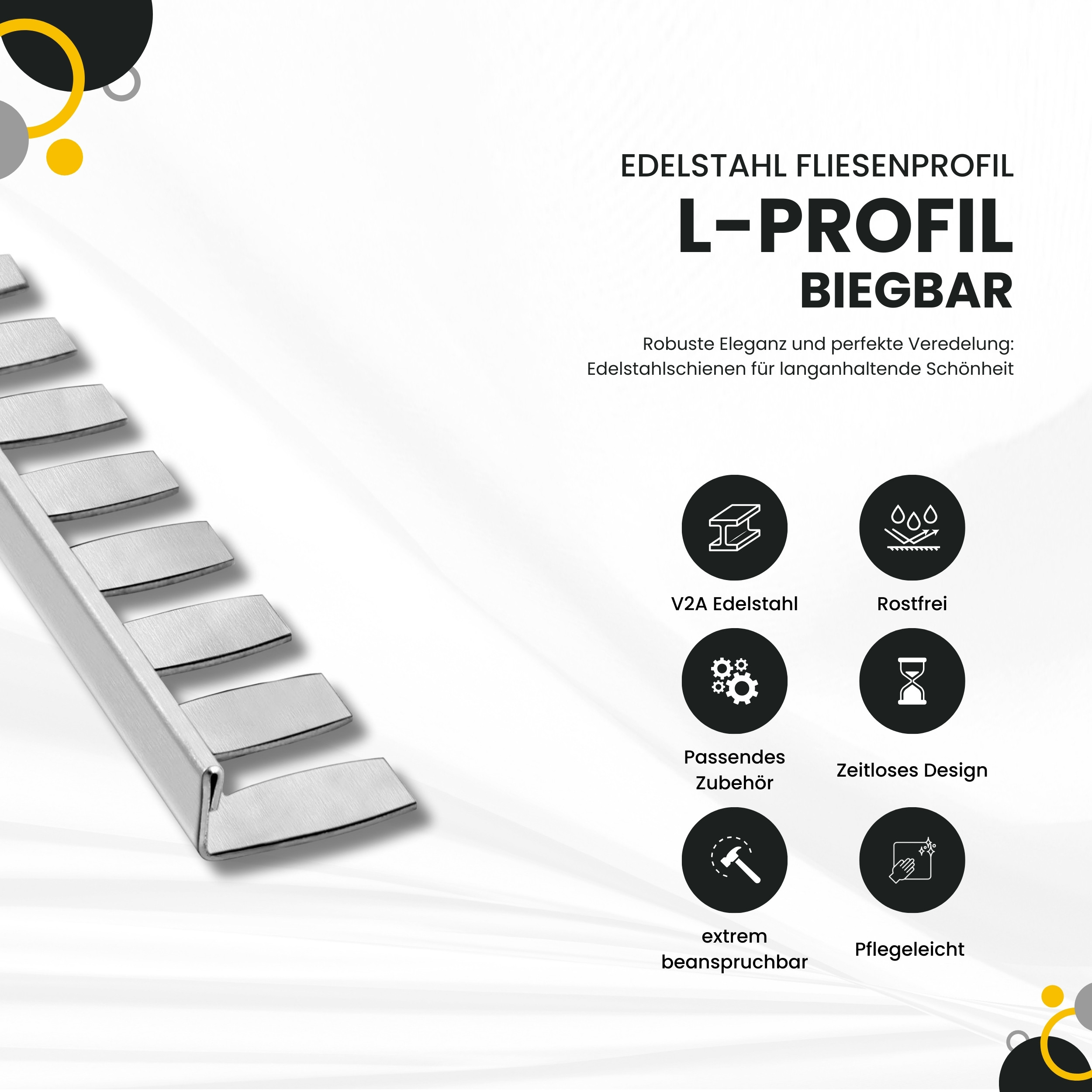 L-Profil flexibel biegbar Edelstahl Fliesenschiene V2A, 250cm, H10mm, silber gebürstet