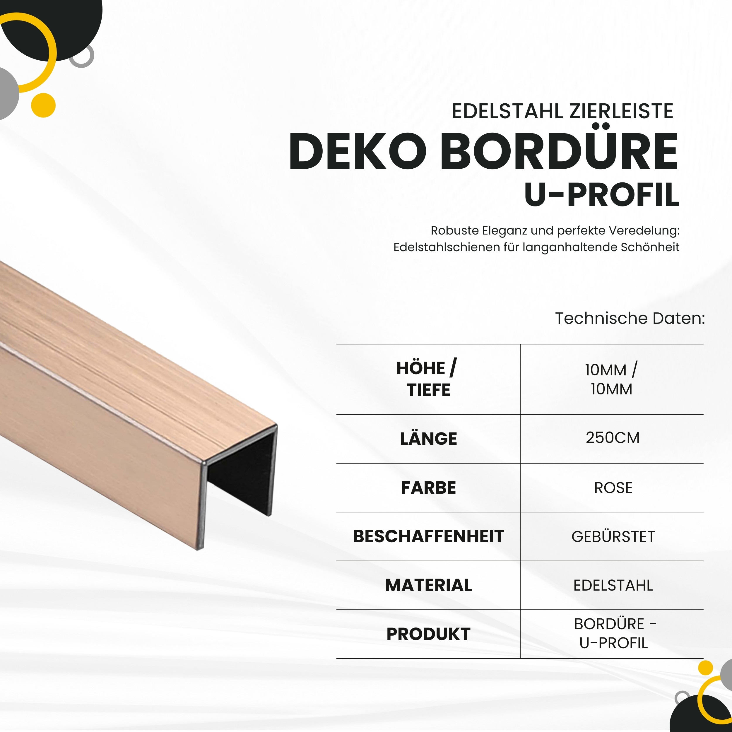 Deko Bordüre U-Profil Zierleiste Fliesenschiene Edelstahl V2A L250cm 10mm rose gebürstet