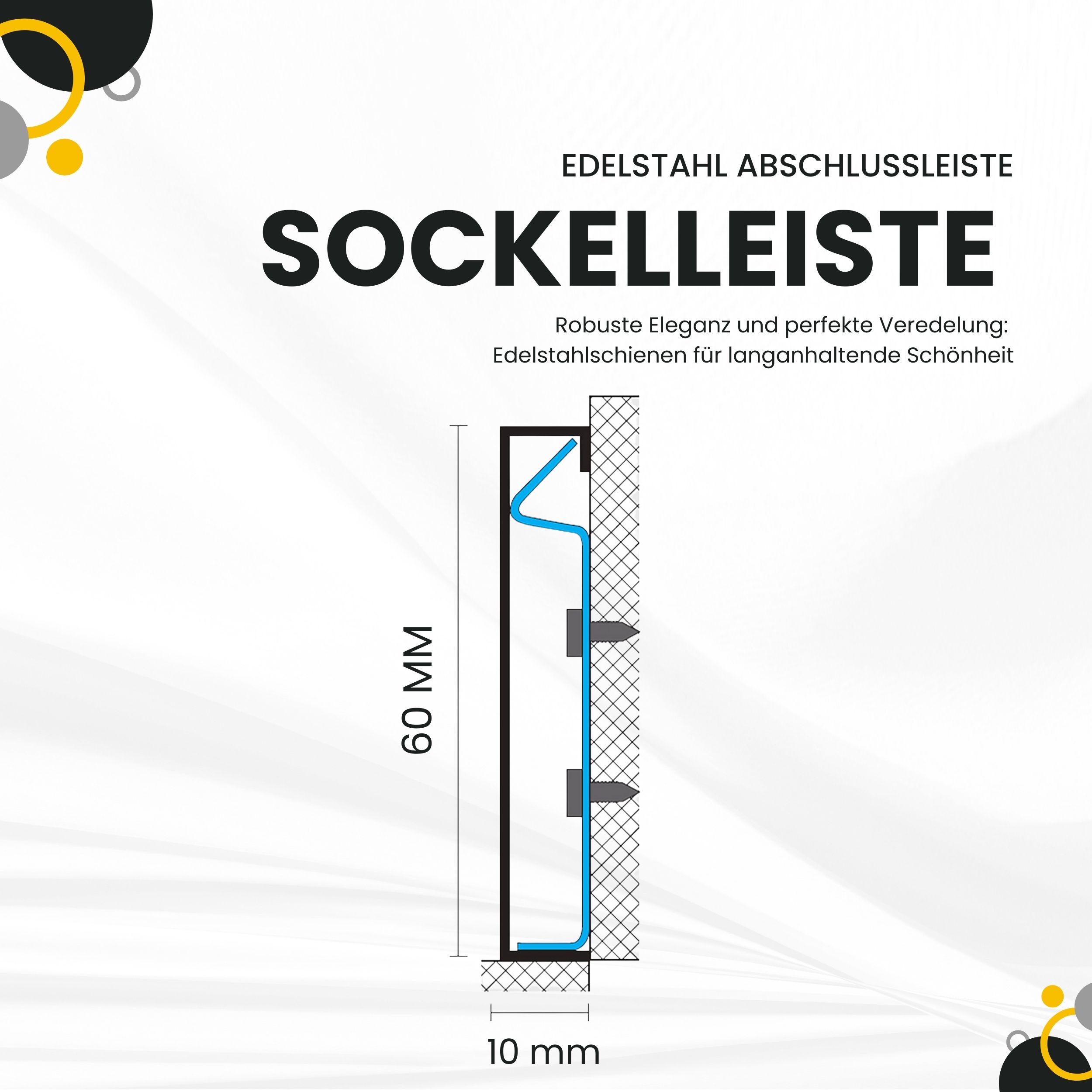 Sockelleiste Edelstahl Fußbodenleisten V2A L250cm 60mm silber gebürstet Halter