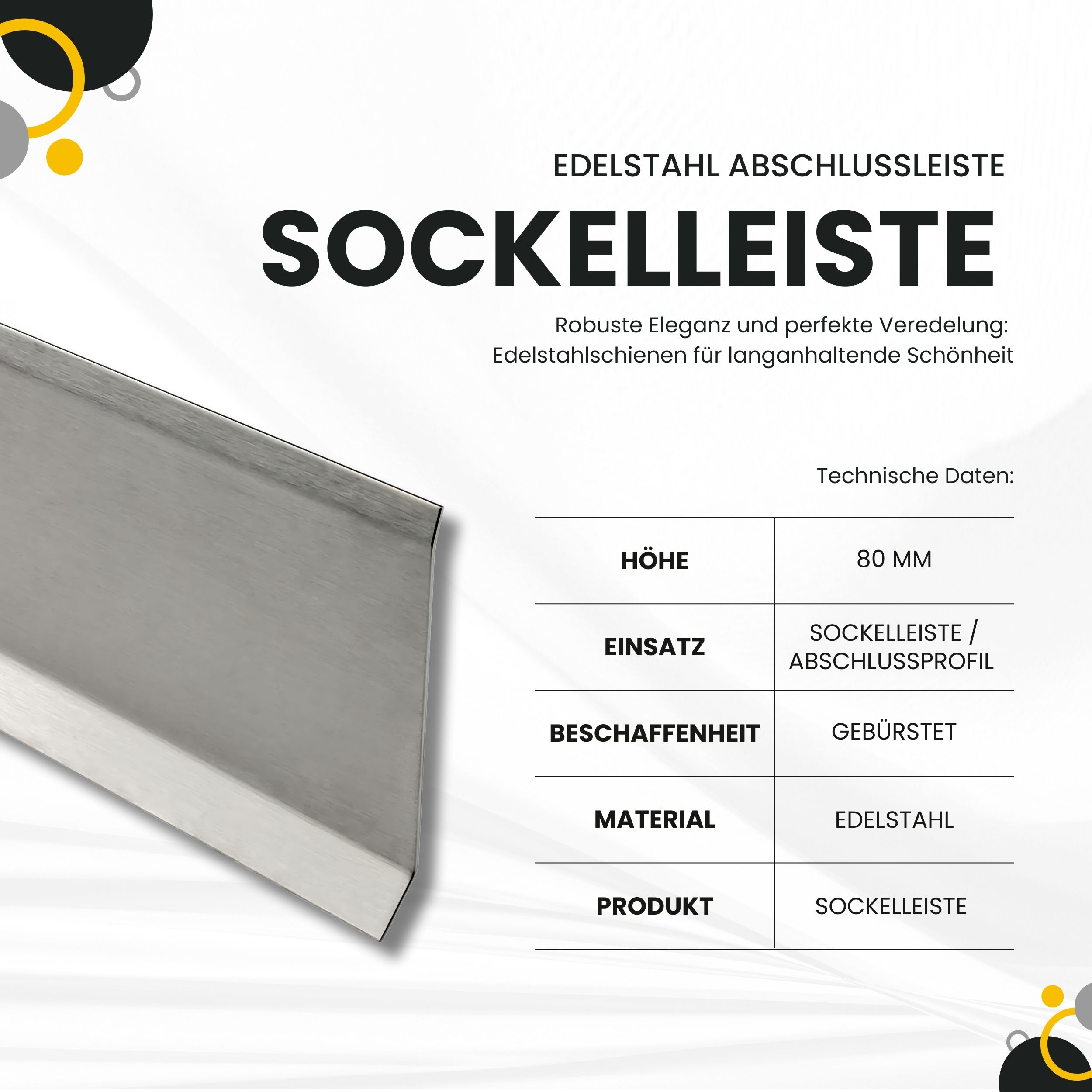 Sockelleiste Edelstahl Fußbodenleisten V2A L250cm 80mm gebürstet