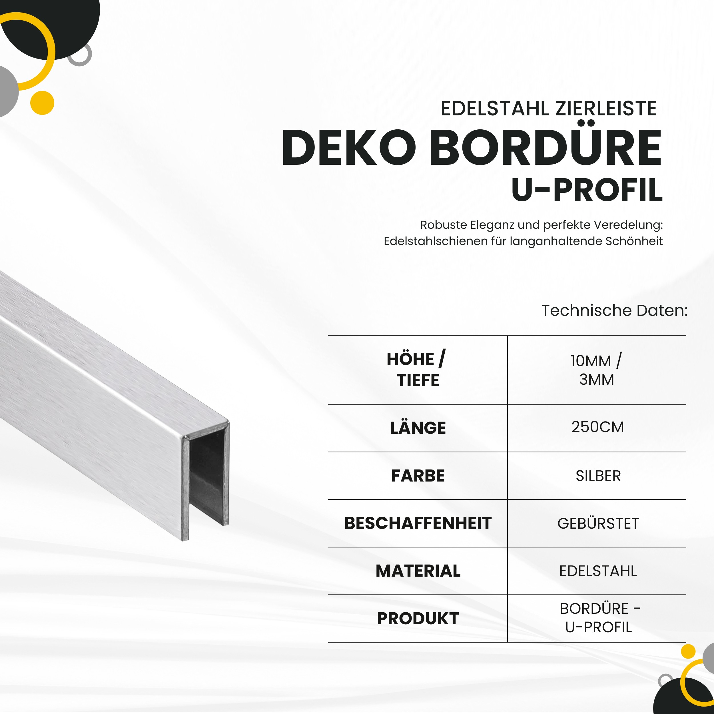 Deko Bordüre U-Profil Zierleiste Fliesenschiene Edelstahl V2A L250cm 3mm silber gebürstet Deko Bordüre U-Profil Zierleiste Fliesenschiene Edelstahl V2A L250cm 3mm silber gebürstet