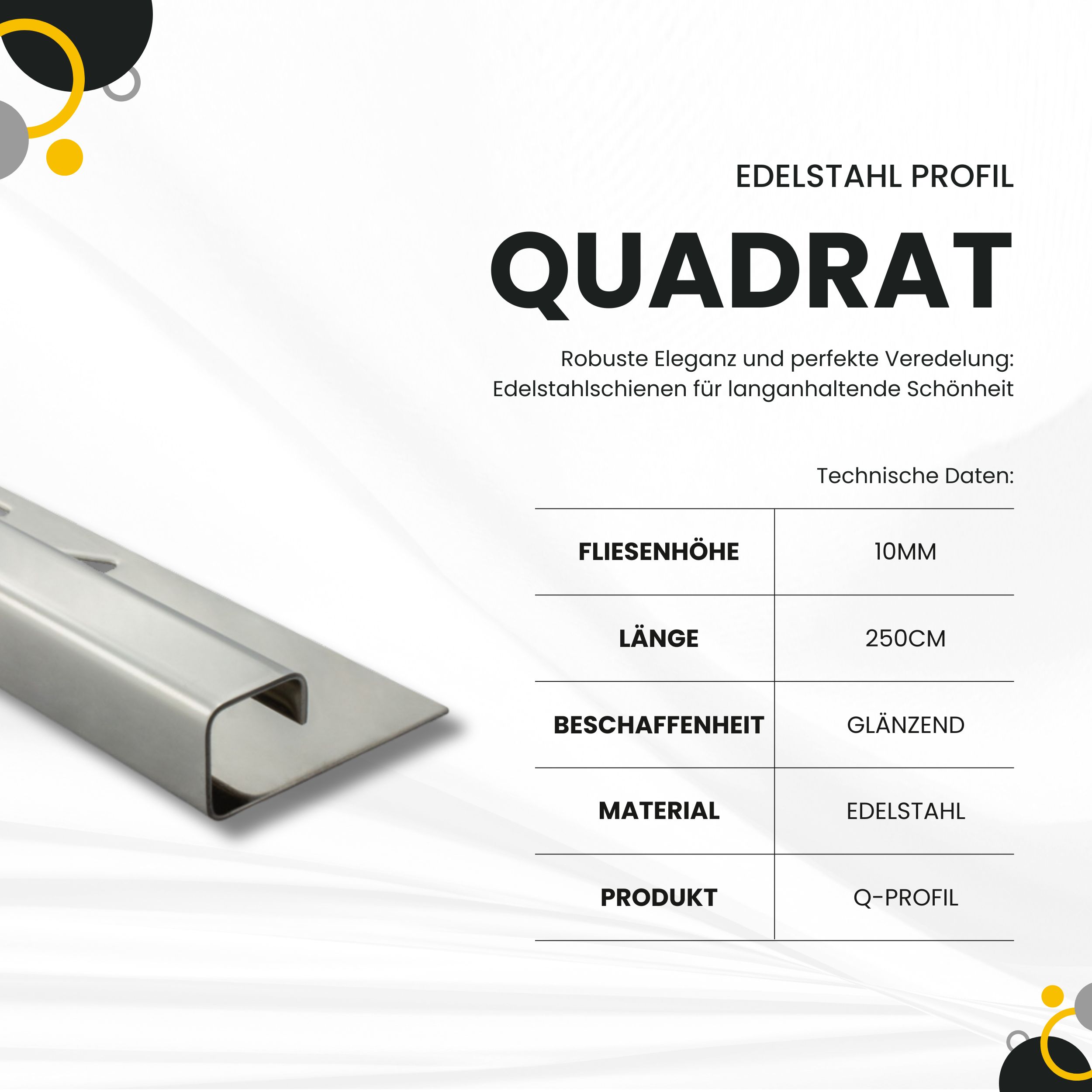 Quadrat Edelstahlschiene Profil Fliesenschiene Edelstahl V2A 2,5m 10mm glänzend Quadrat Edelstahlschiene Profil Fliesenschiene Edelstahl V2A 2,5m 10mm glänzend