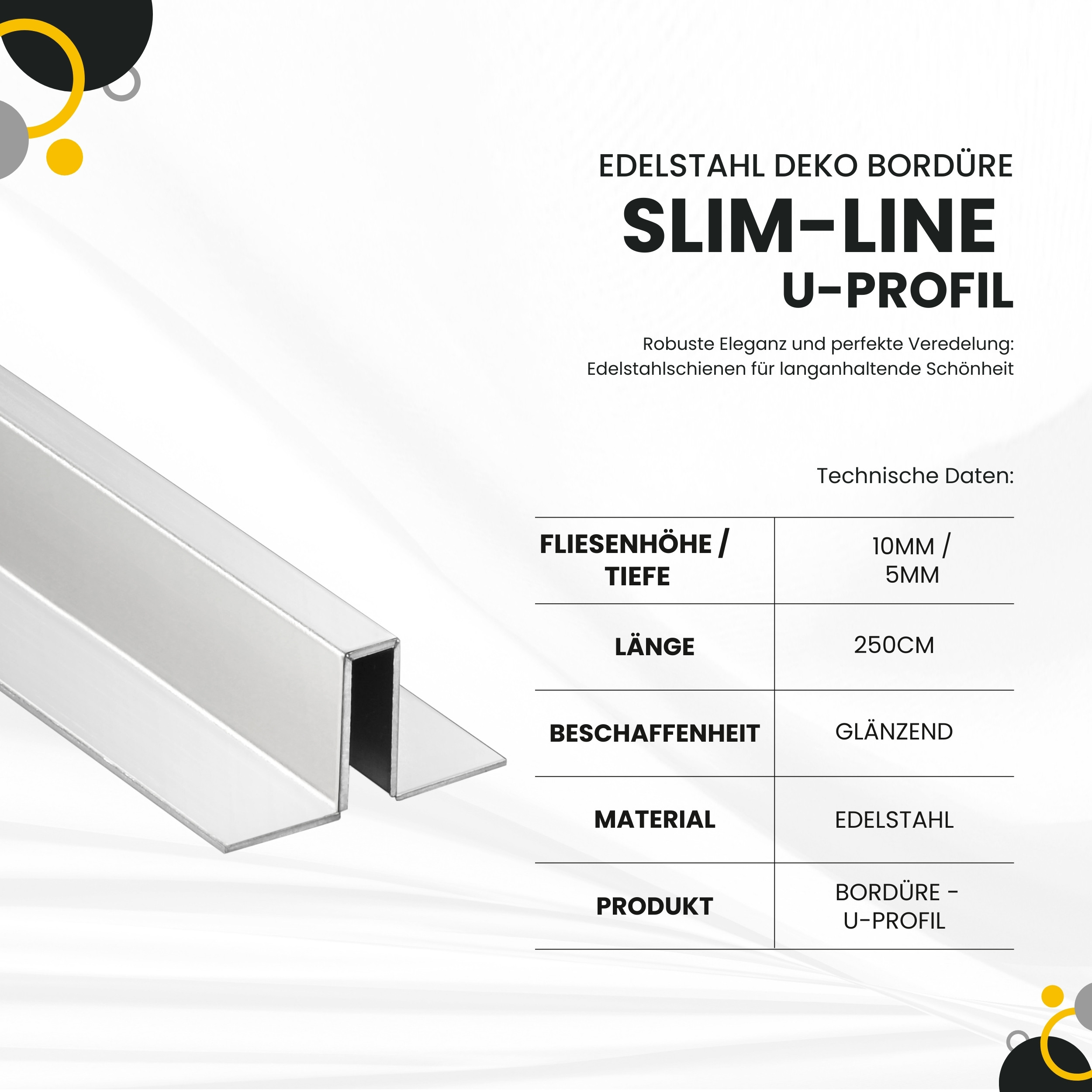 Slim-Line U-Profil Bordüre mit Schenkel Fliesenschiene Edelstahl V2A L250cm H10 glänzend